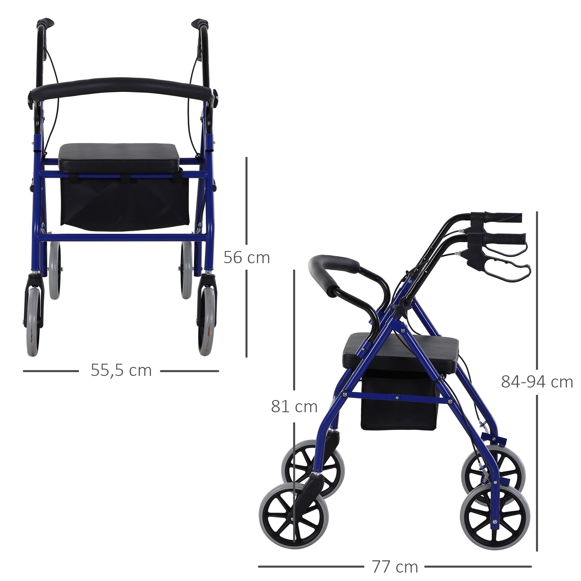 Andador Dobrável com Assento e Travão 65x53x79-89cm - Azul e Preto
