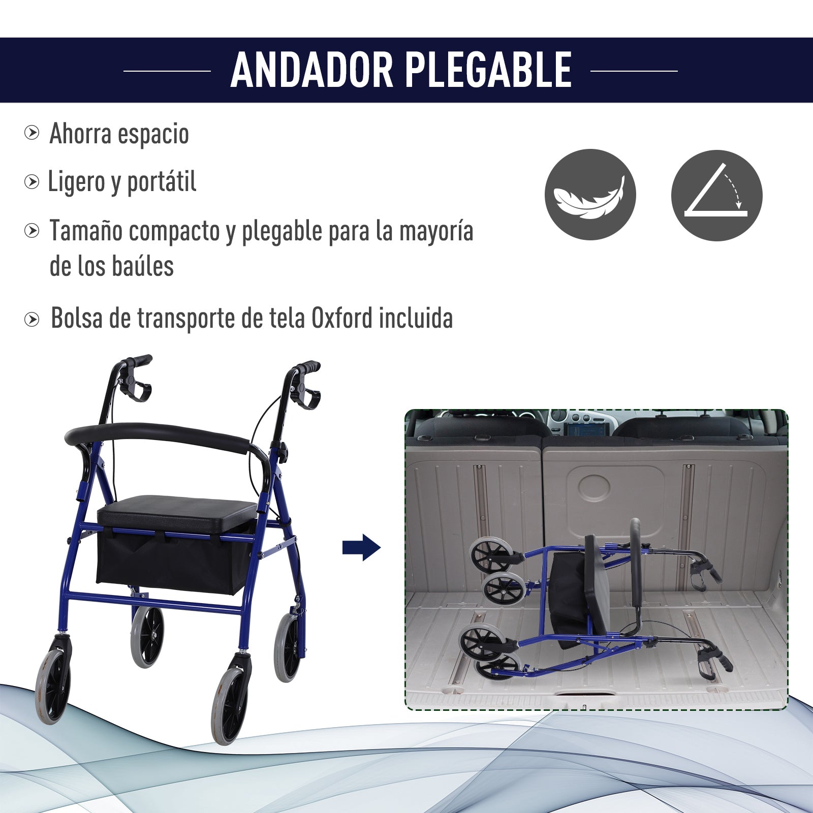 Andador Dobrável com Assento e Travão 65x53x79-89cm - Azul e Preto