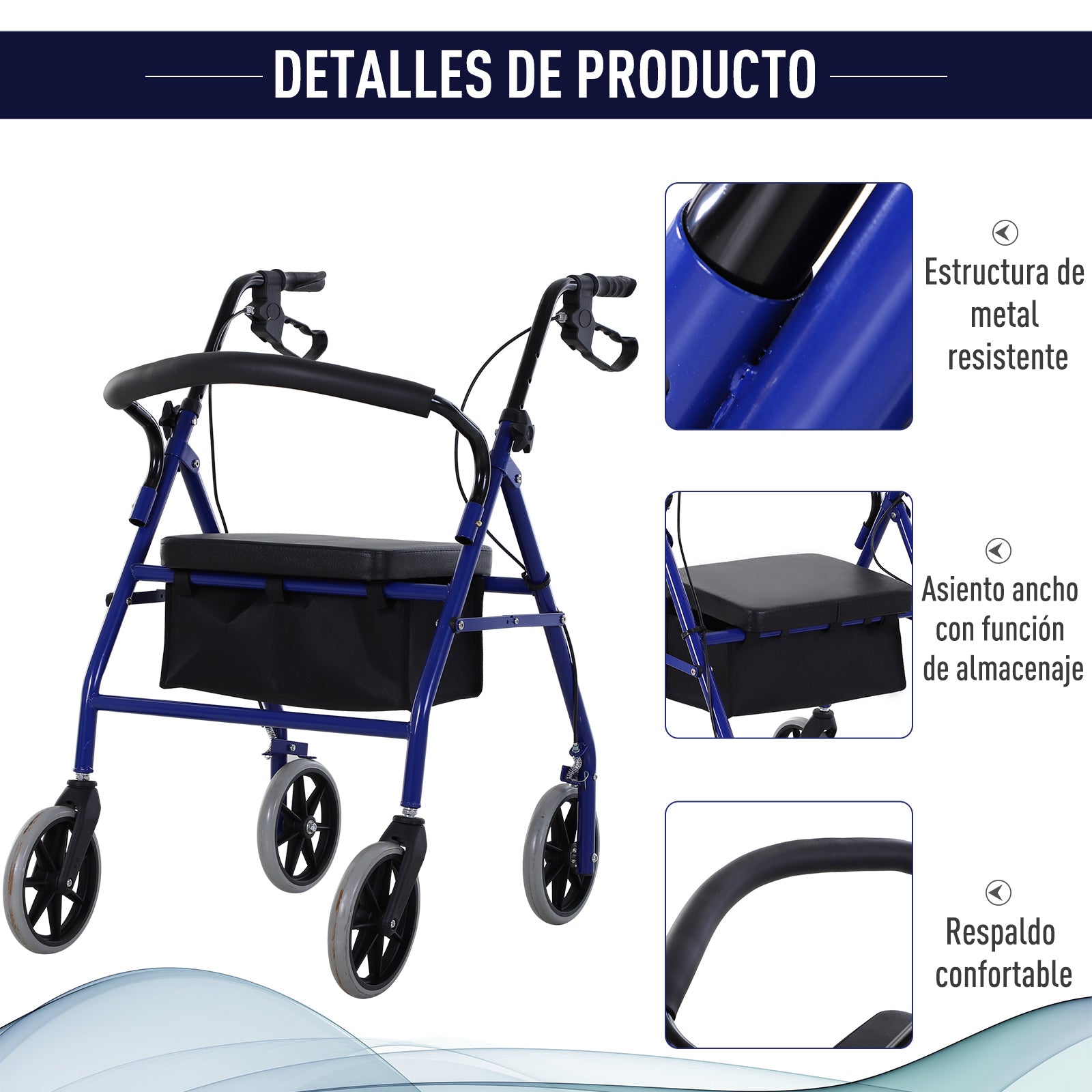 Andador Dobrável com Assento e Travão 65x53x79-89cm - Azul e Preto