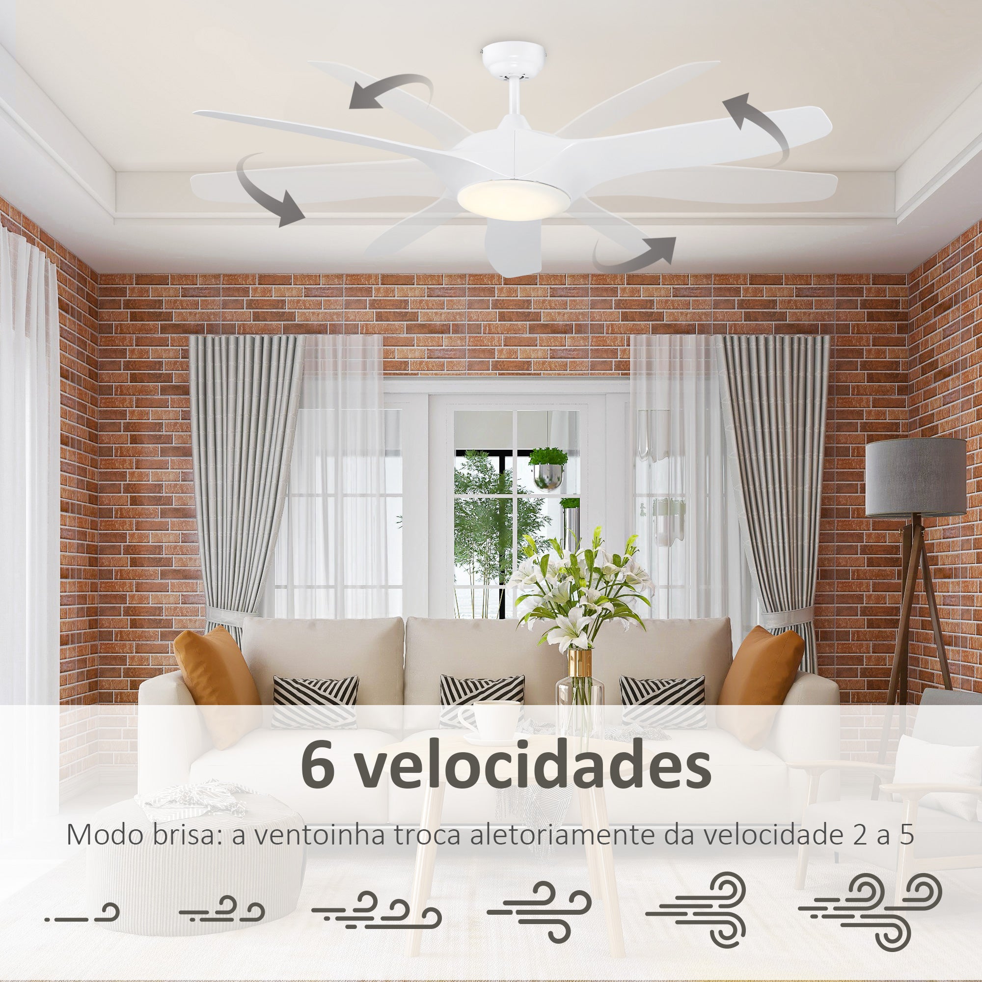 Ventoinha de Teto Branca Ø132cm com Luz LED e Controle Remoto