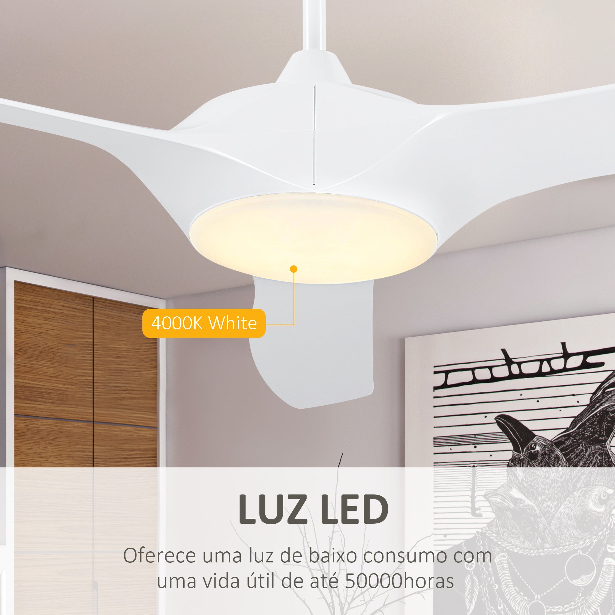 Ventoinha de Teto Branca Ø132cm com Luz LED e Controle Remoto