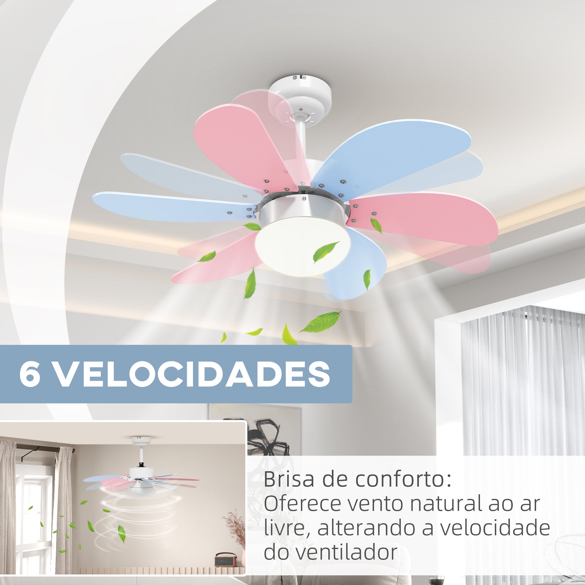 Ventoinha de Teto Ø82,5 cm Azul Claro, Rosa Claro e Branco