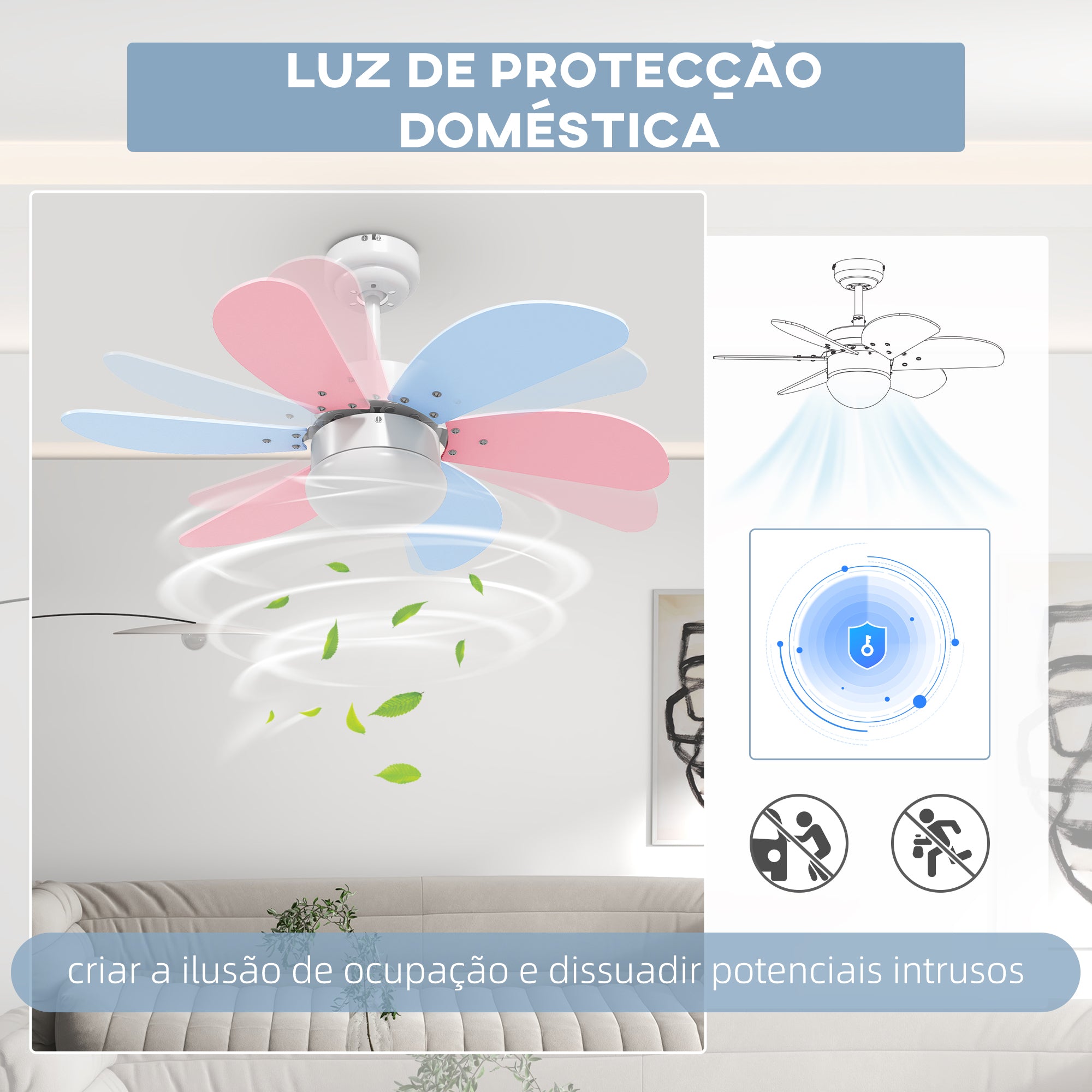 Ventoinha de Teto Ø82,5 cm Azul Claro, Rosa Claro e Branco