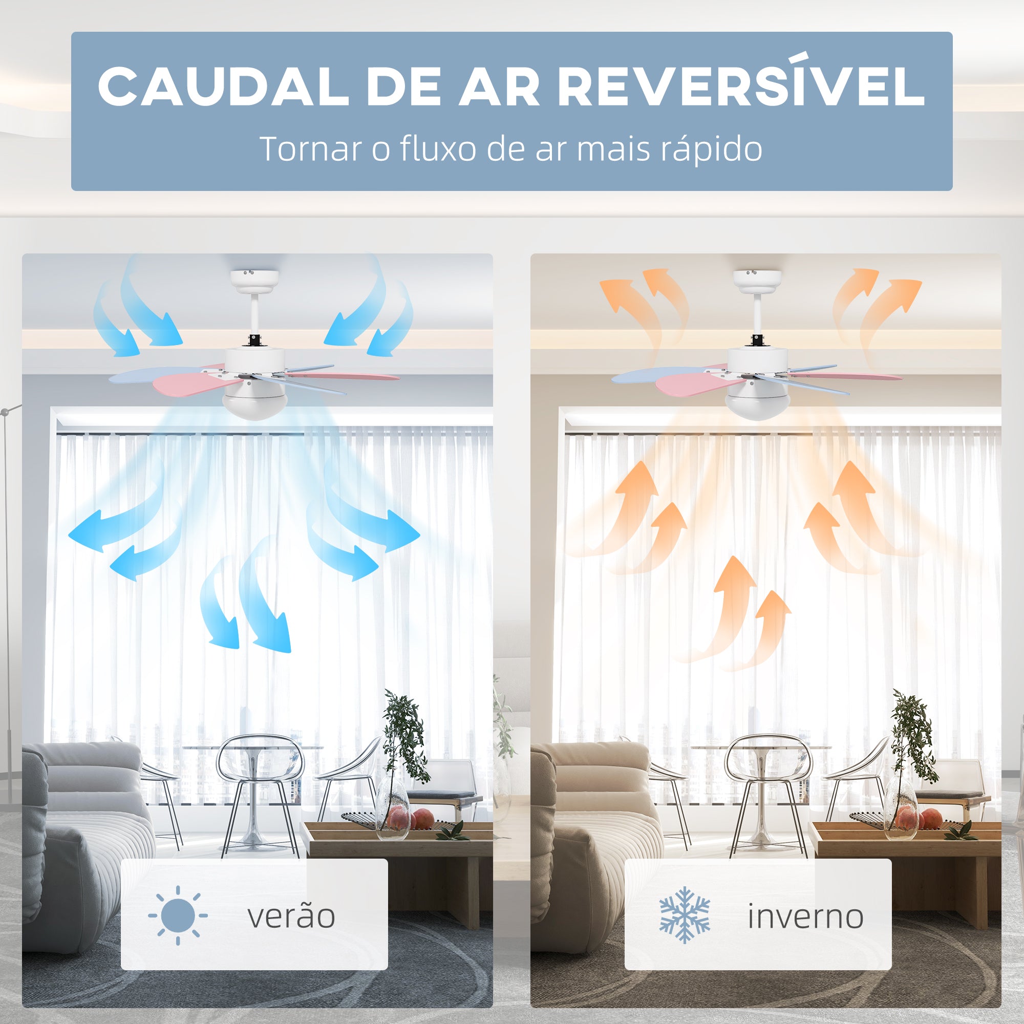Ventoinha de Teto Ø82,5 cm Azul Claro, Rosa Claro e Branco