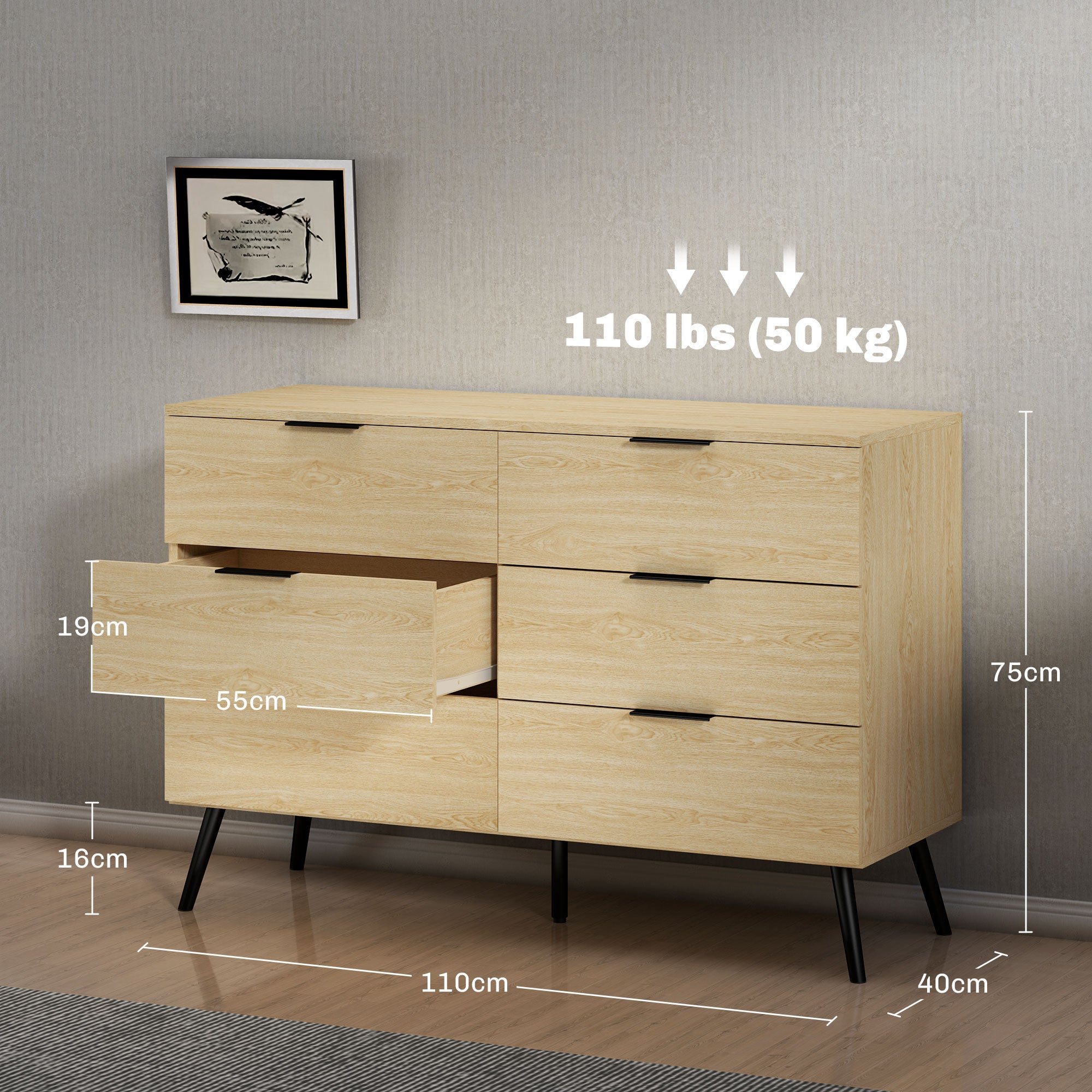 Cómoda Moderna com 6 Gavetas Cor de Carvalho 110x40x75 cm