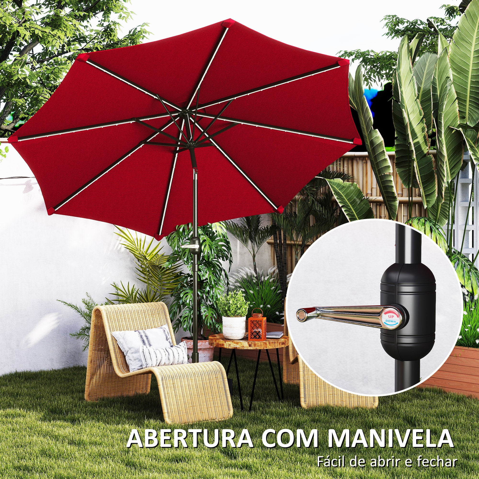 Chapéu de Sol Ø292x252 cm Vermelho Vinho com Luzes LED Solares