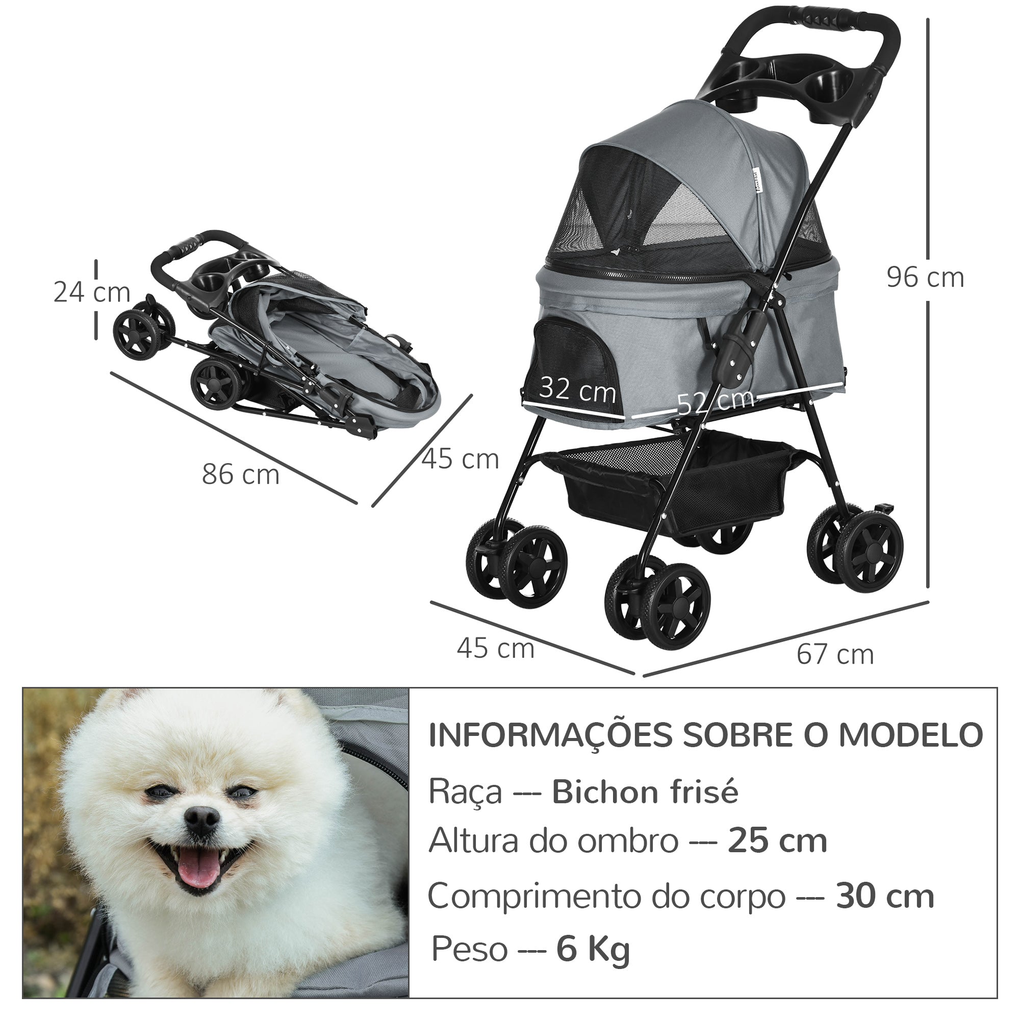 Carrinho de Animal de Estimação Dobrável Cinza 67x45x96 cm