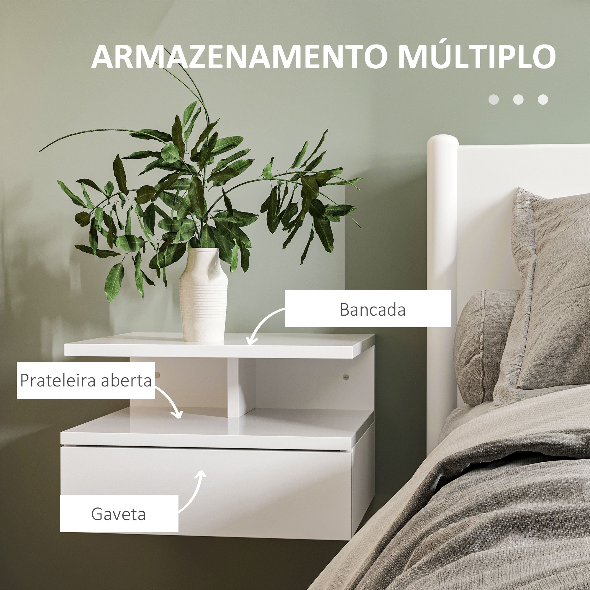 Conjunto de 2 Mesas de Cabeceira Flutuante 35x32x22,5 cm Branco de Alto Brilho