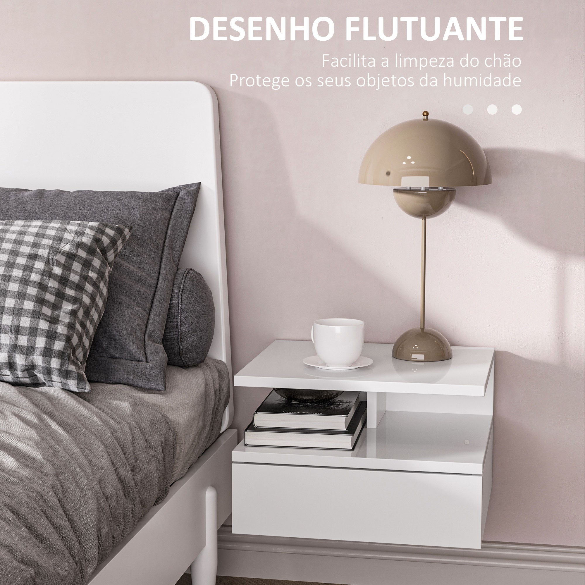 Conjunto de 2 Mesas de Cabeceira Flutuante 35x32x22,5 cm Branco de Alto Brilho