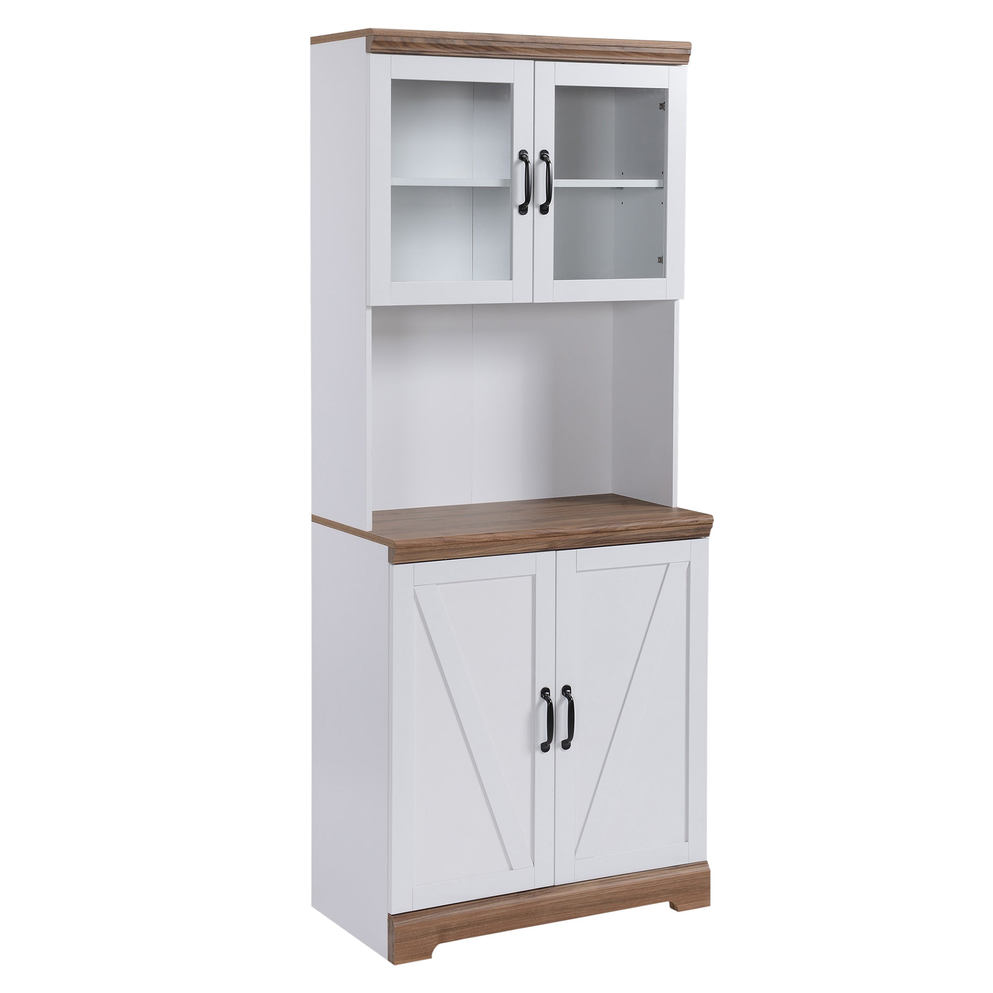 Armário de Cozinha Móvel com 2 Portas de Vidro 72x40x178cm Branco e Madeira