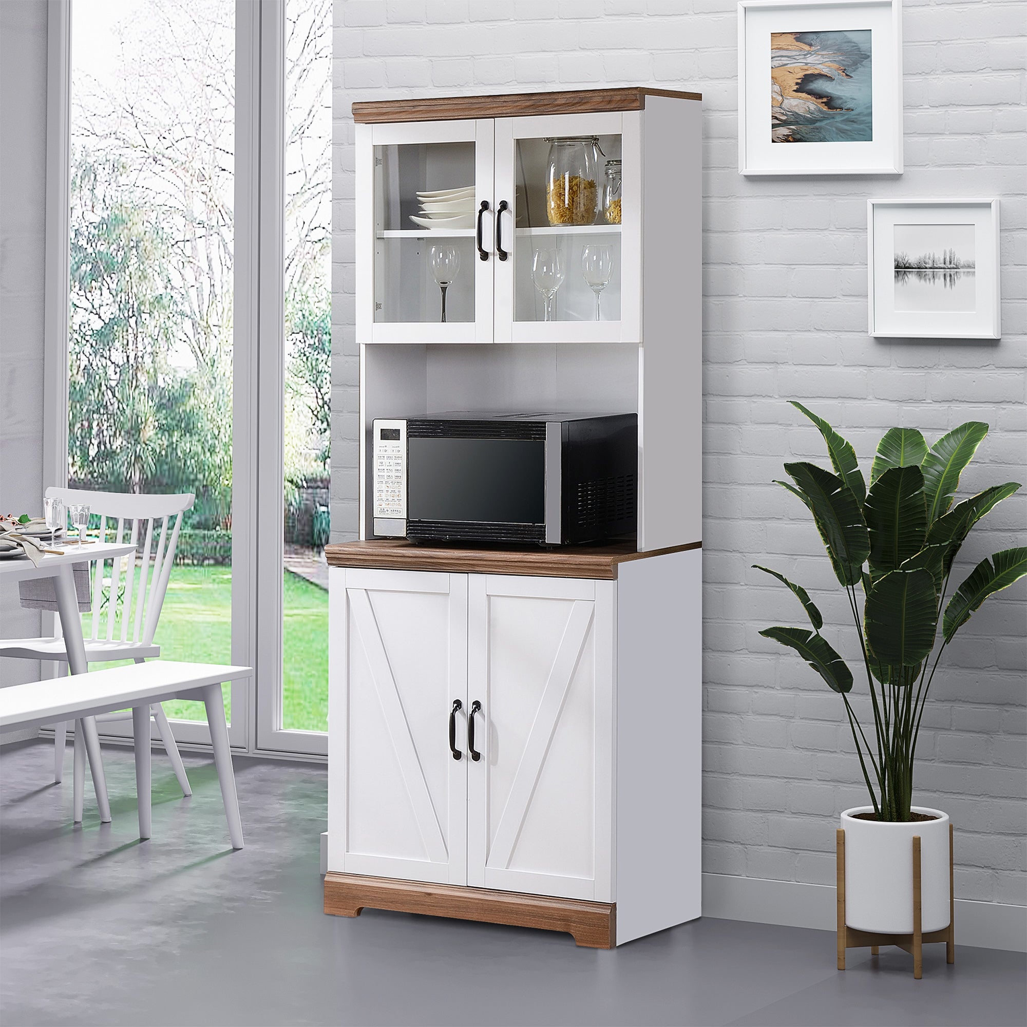 Armário de Cozinha Móvel com 2 Portas de Vidro 72x40x178cm Branco e Madeira