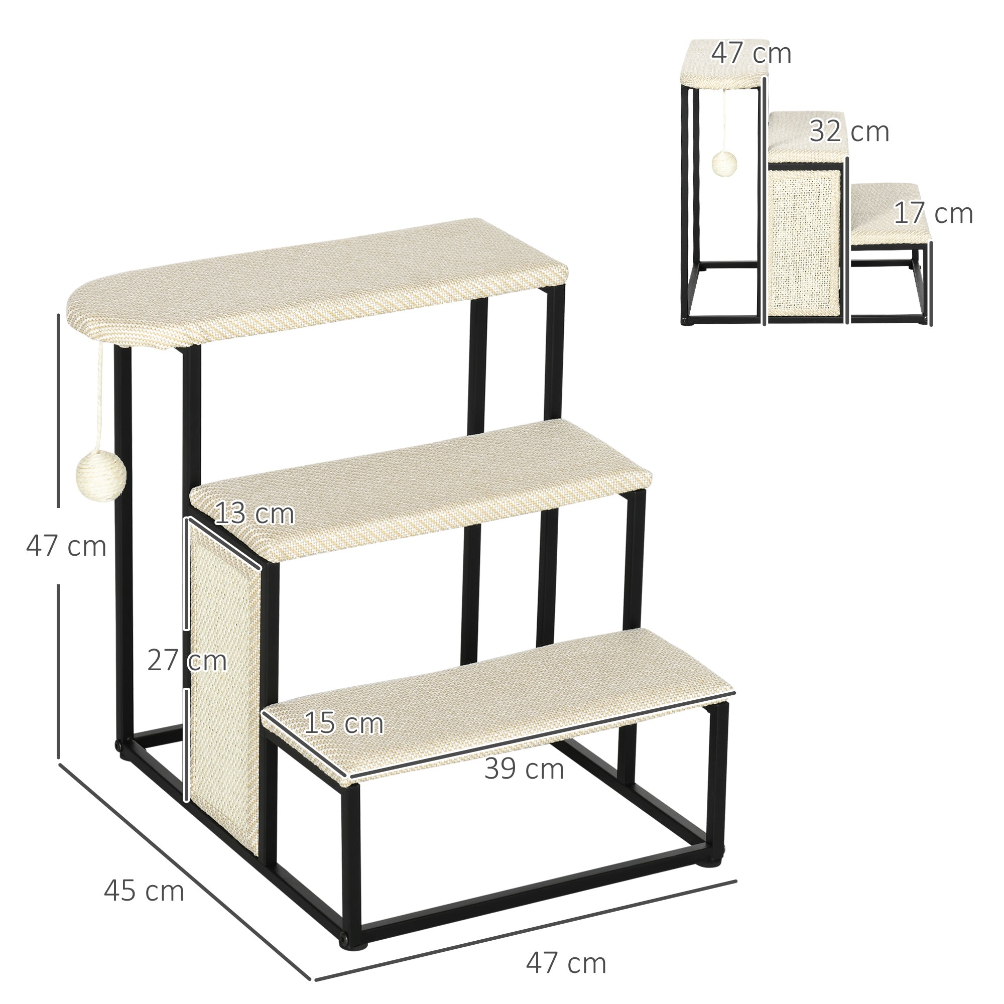 Escada para Animais de Estimação com 3 Degraus 47x45x47 cm - Creme e Preto