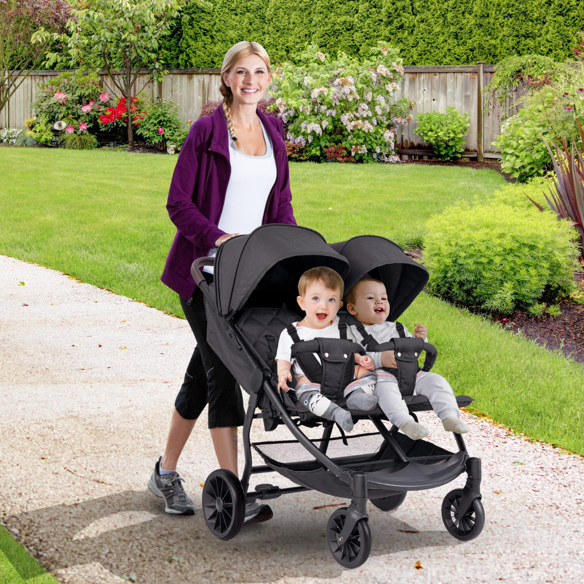 Carrinho de Bebé Duplo Reclinável – Cinzento Escuro – Aço