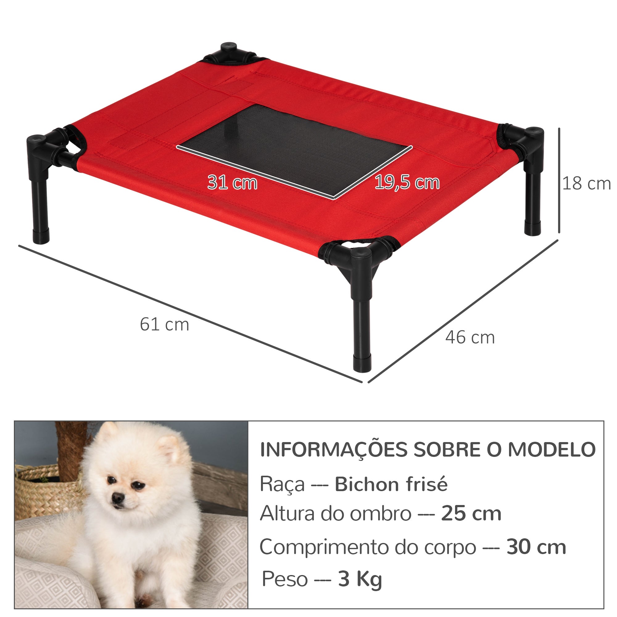 Cama para Animais de Estimação Elevada Vermelha 64x46x18cm