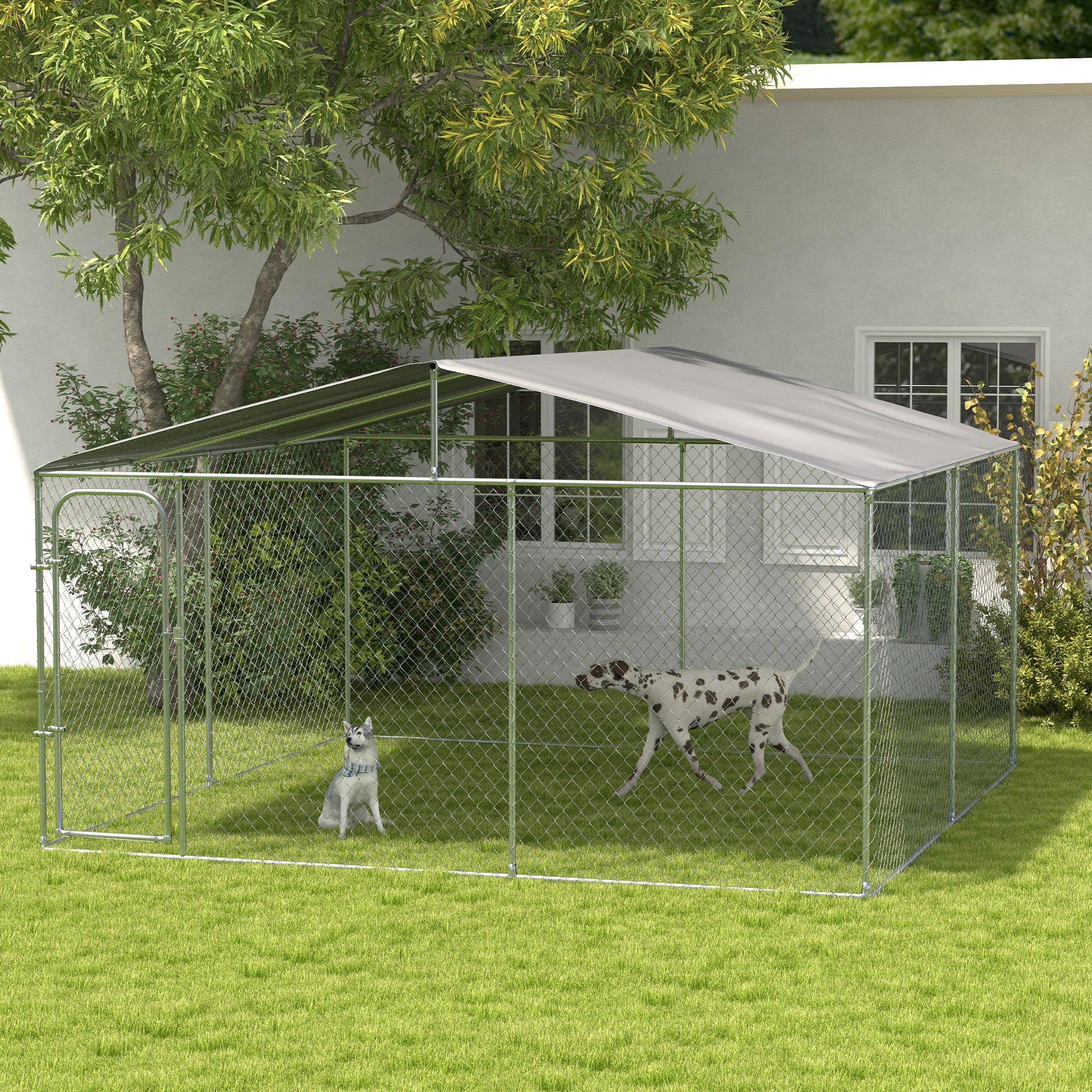 Canil/Parque de Exterior – 400x400x232 cm – Prata – Metal galvanizado e tecido Oxford