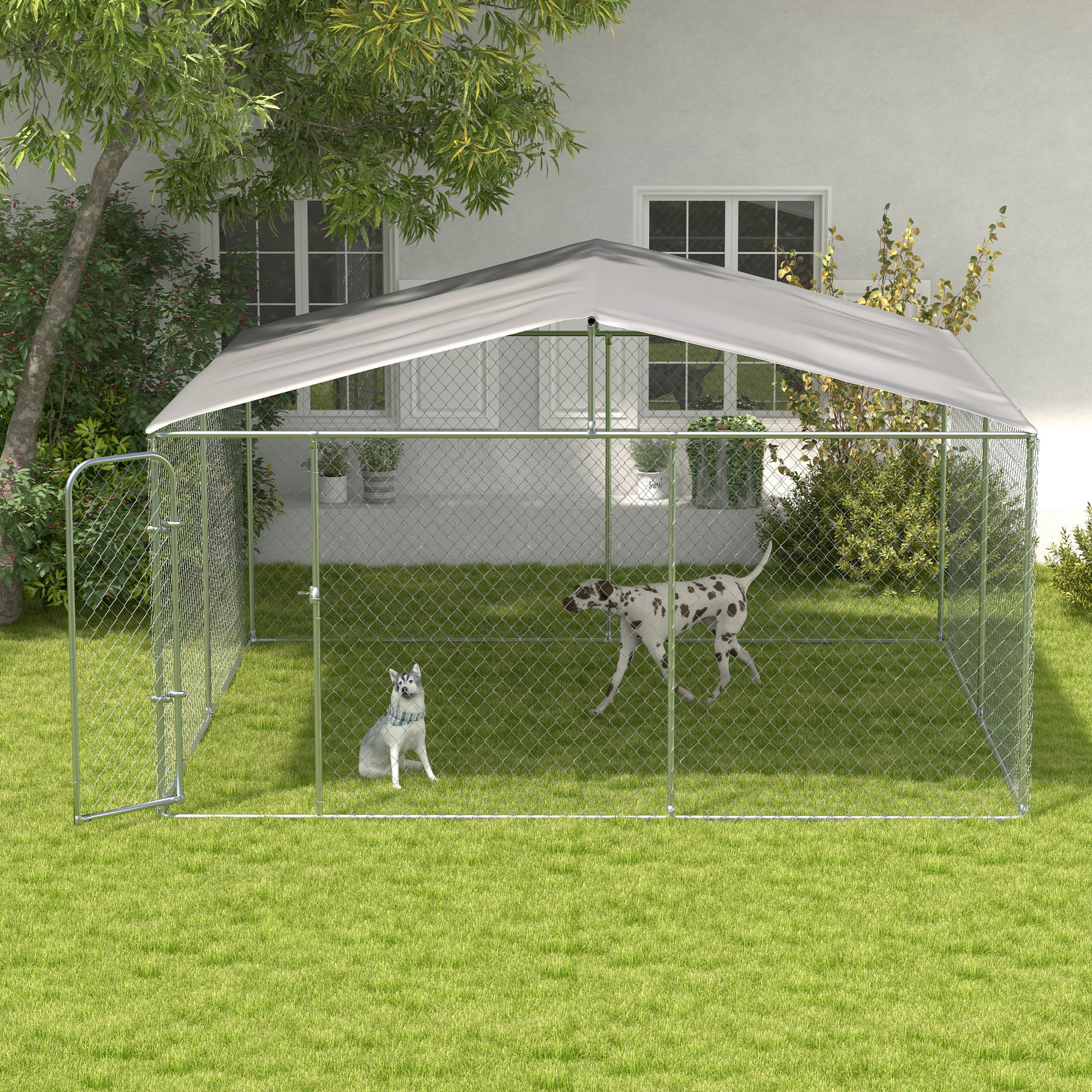 Canil/Parque de Exterior – 400x400x232 cm – Prata – Metal galvanizado e tecido Oxford