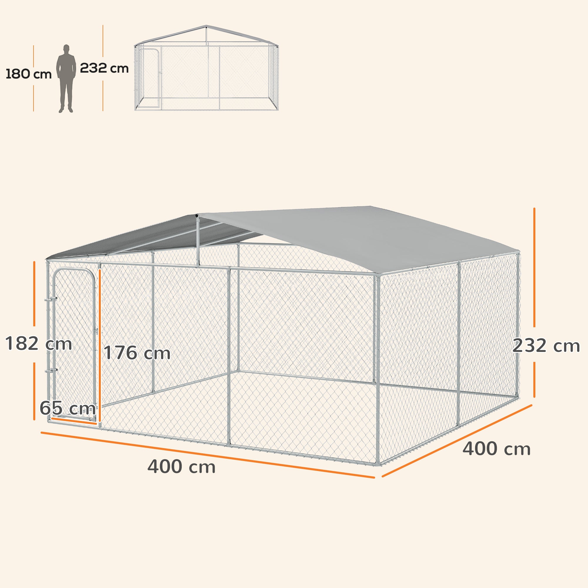 Canil/Parque de Exterior – 400x400x232 cm – Prata – Metal galvanizado e tecido Oxford