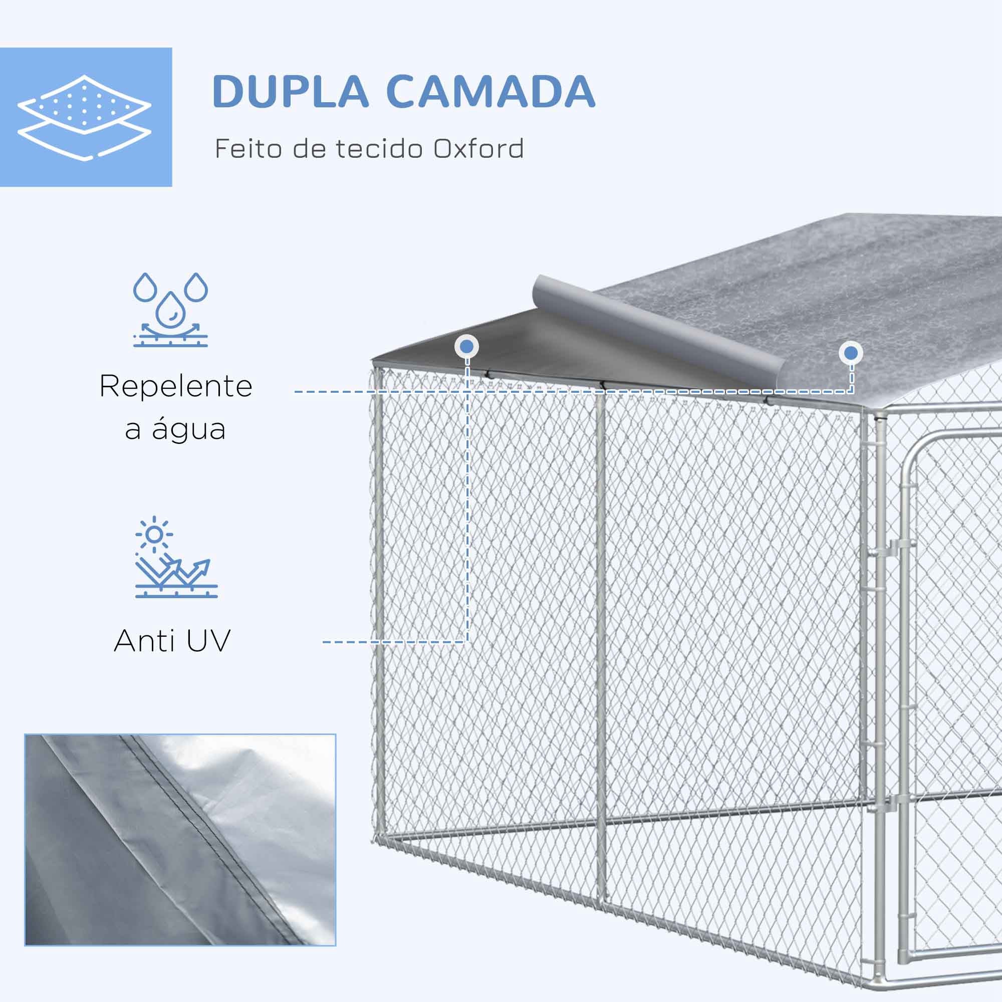 Canil/Parque de Exterior – 400x400x232 cm – Prata – Metal galvanizado e tecido Oxford