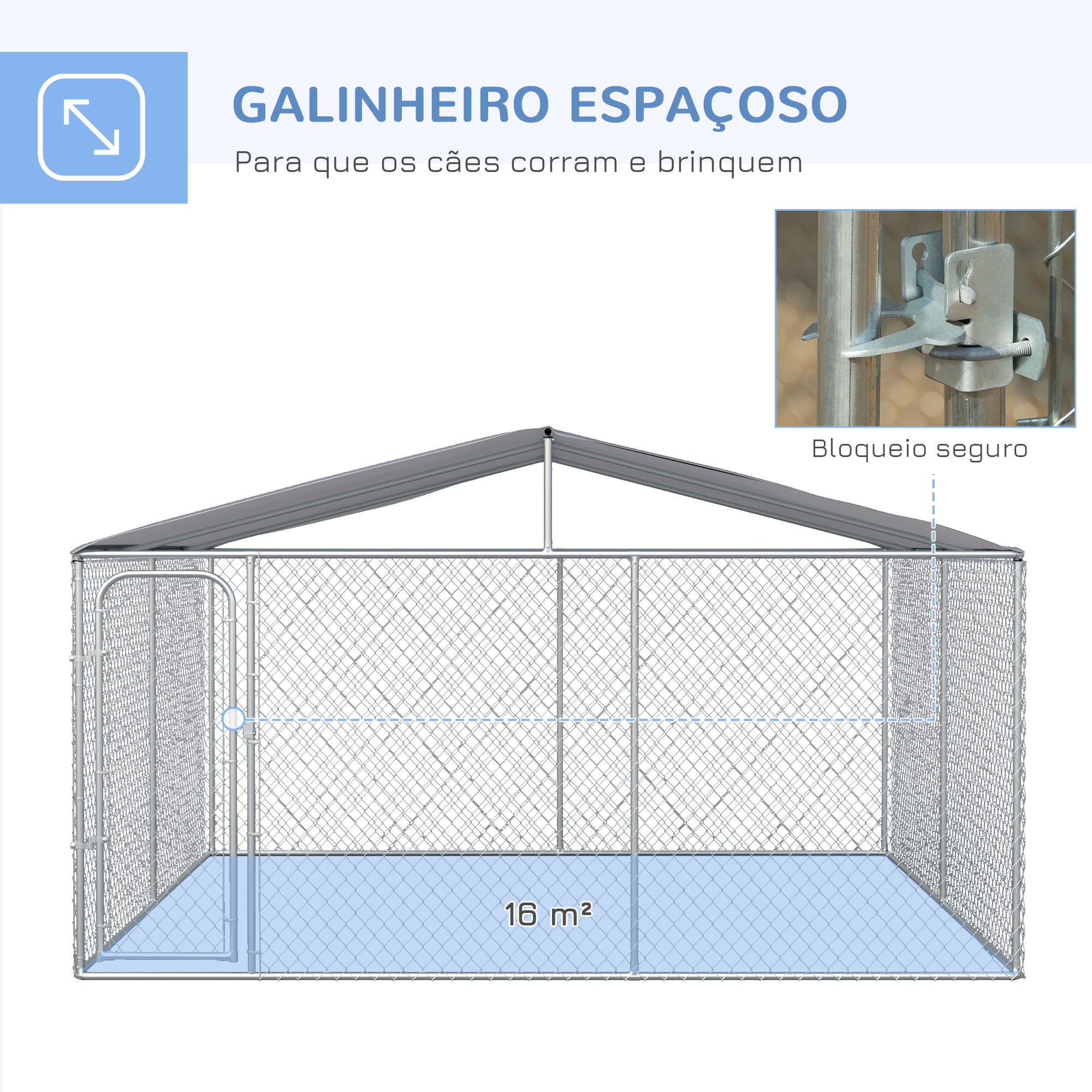 Canil/Parque de Exterior – 400x400x232 cm – Prata – Metal galvanizado e tecido Oxford