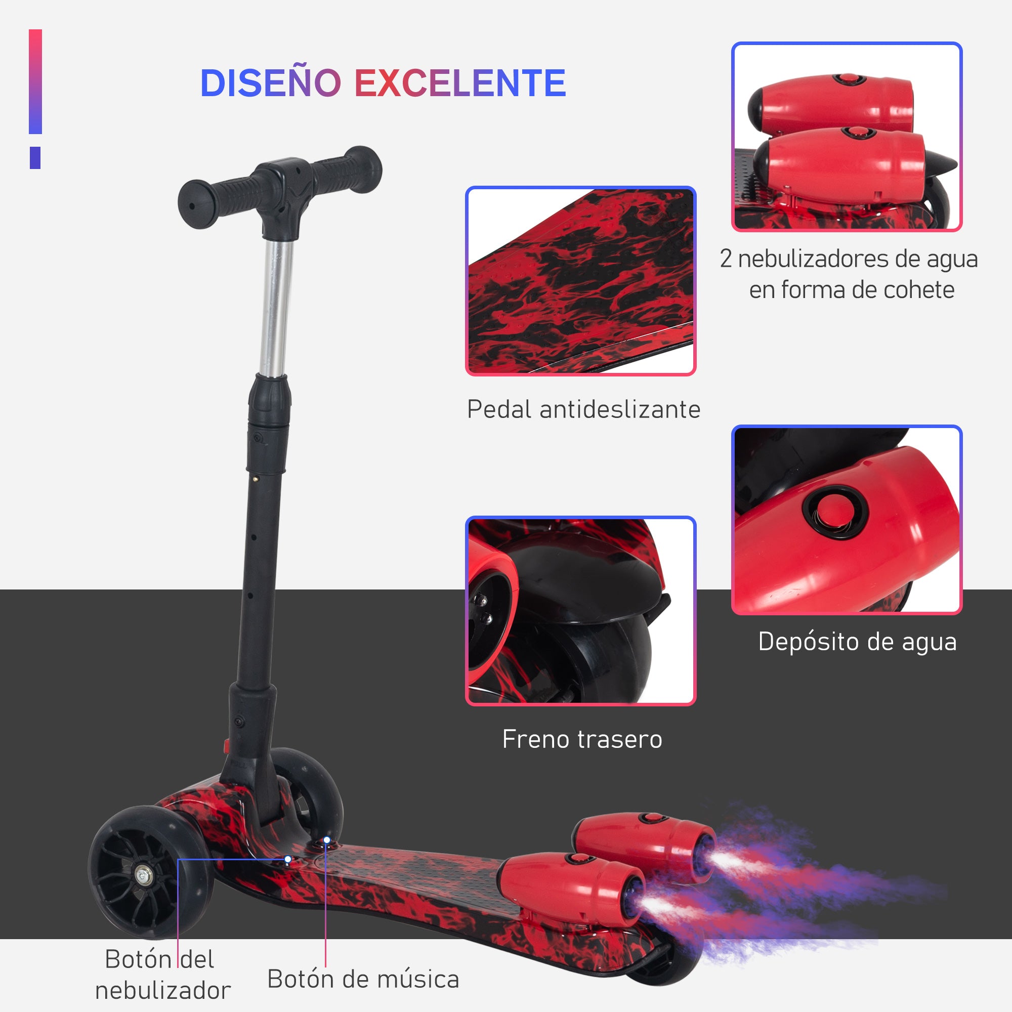 Trotinete Dobrável com Altura Ajustável 61x26x63-81 cm Vermelho