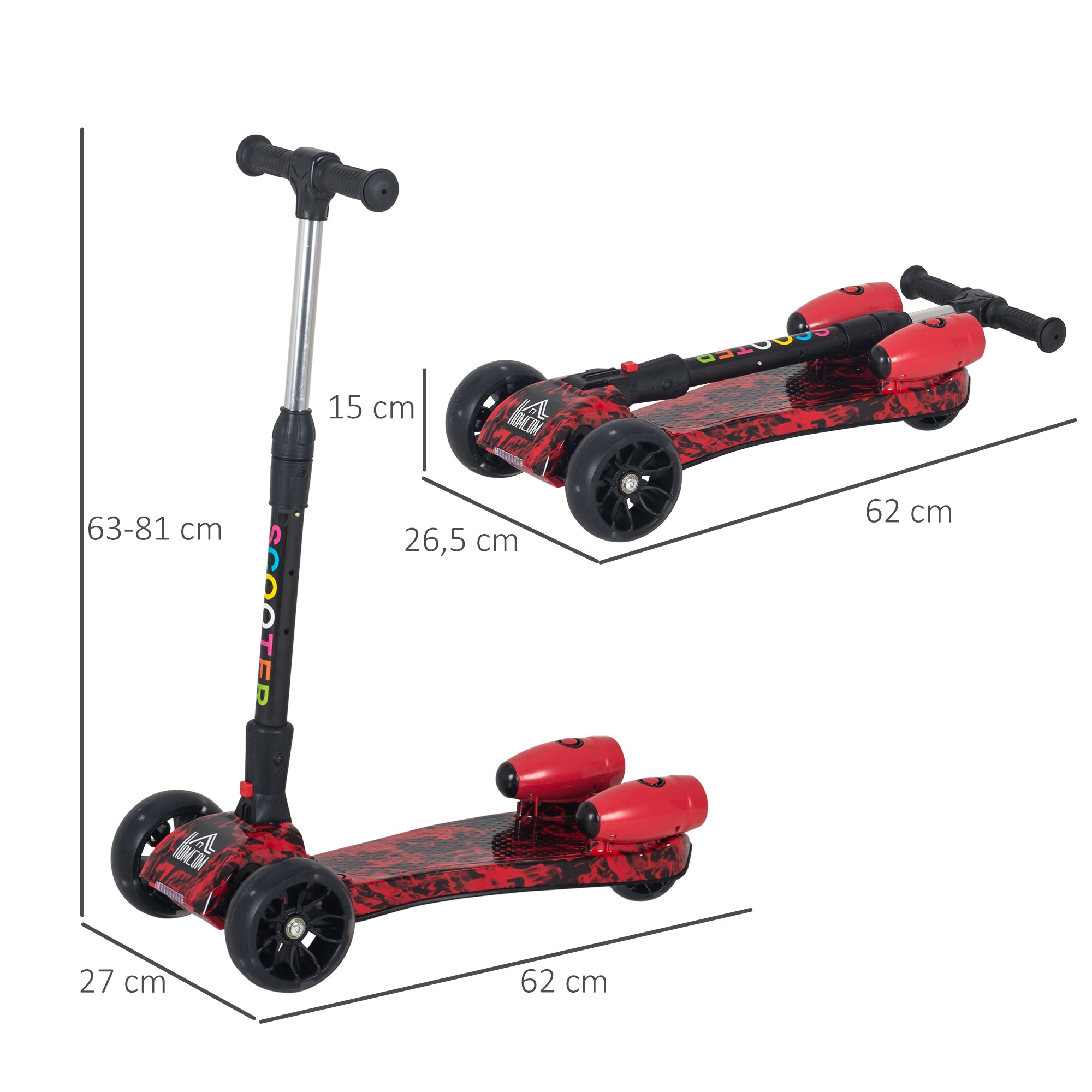 Trotinete Dobrável com Altura Ajustável 61x26x63-81 cm Vermelho