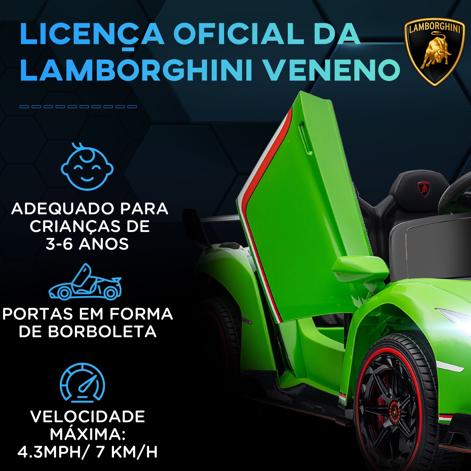 Carro Elétrico para Crianças – 111x61x45 cm – Verde – PP e metal