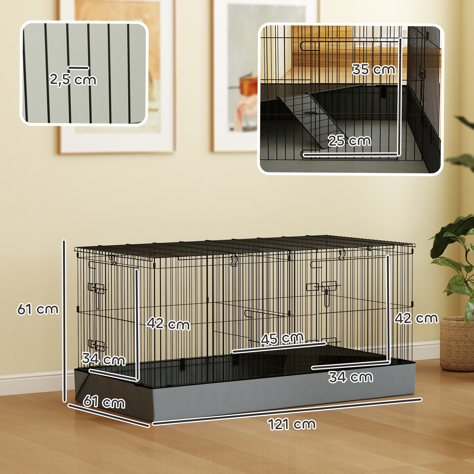 Gaiola para Animais Pequenos 121x61x61 cm - Cor Preto