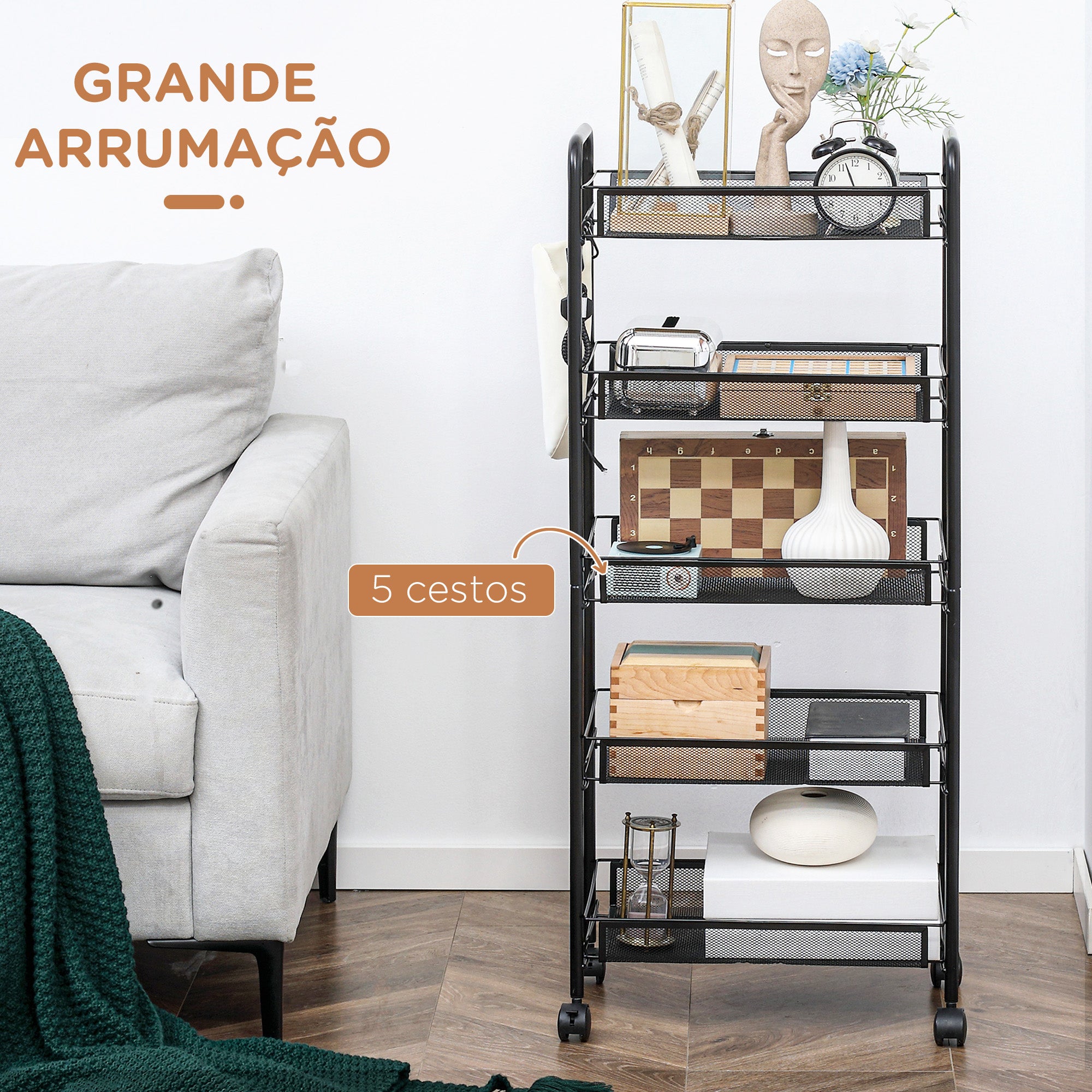Carrinho Auxiliar 5 Níveis 45x26.5x106 cm - Cor Preto