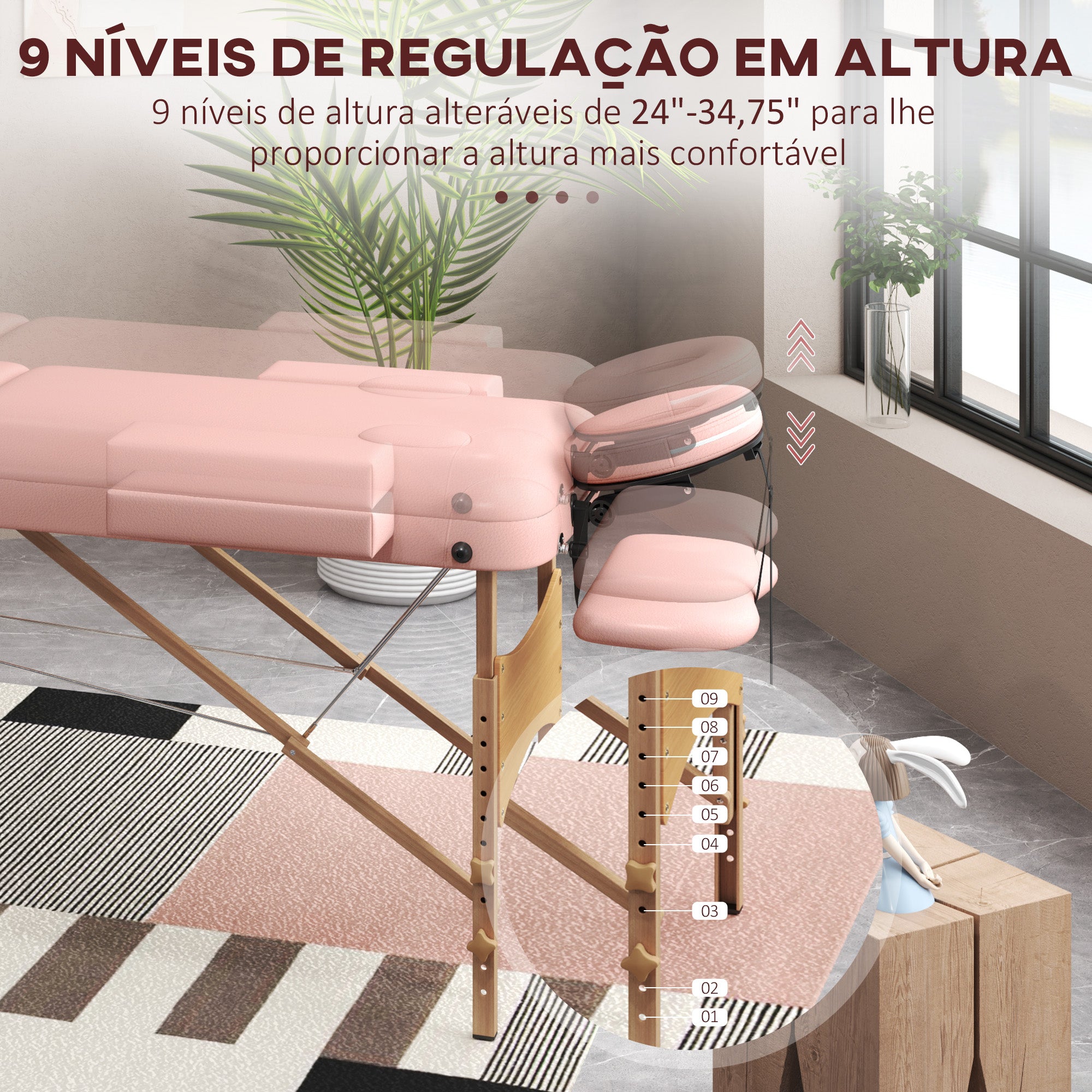 Marquesa de Massagem Dobrável Rosa 185x60x64-88 cm