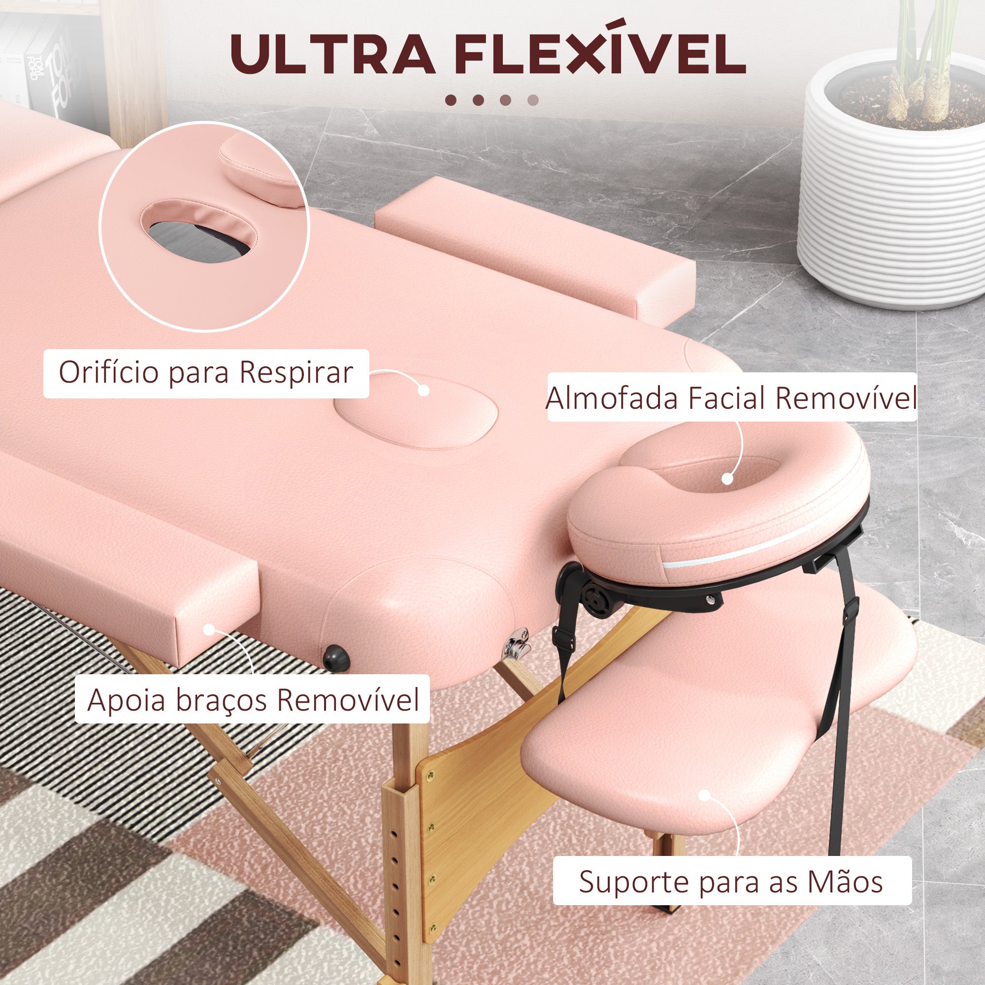 Marquesa de Massagem Dobrável Rosa 185x60x64-88 cm