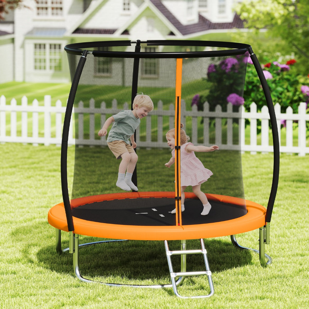 Cama Elástica de Exterior com Veda de Segurança Escada Pernas Curvas Robustas para Crianças Adultos 244 cm Laranja