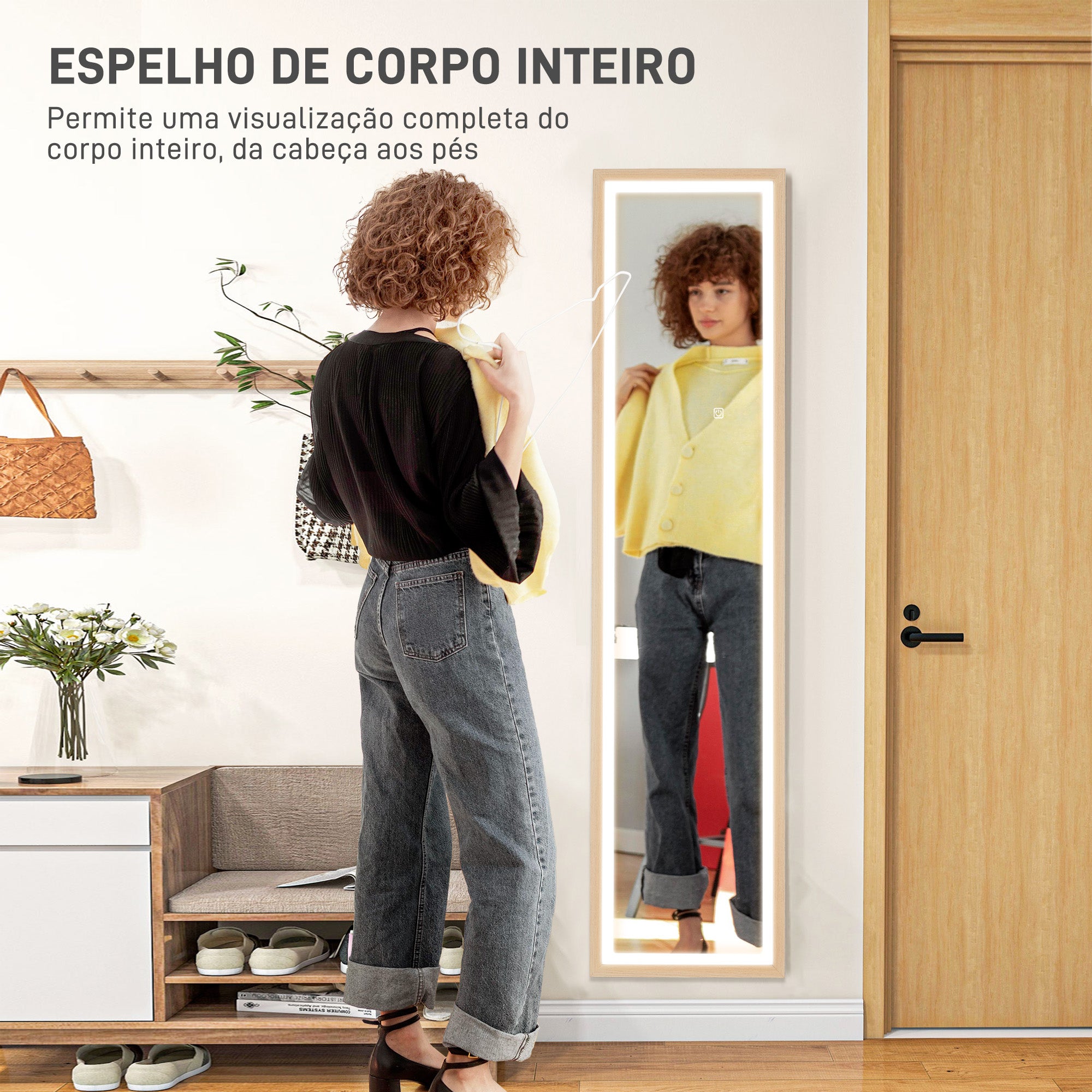 Espelho de Pé com Luz LED 40x160 cm - Cor Madeira Natural