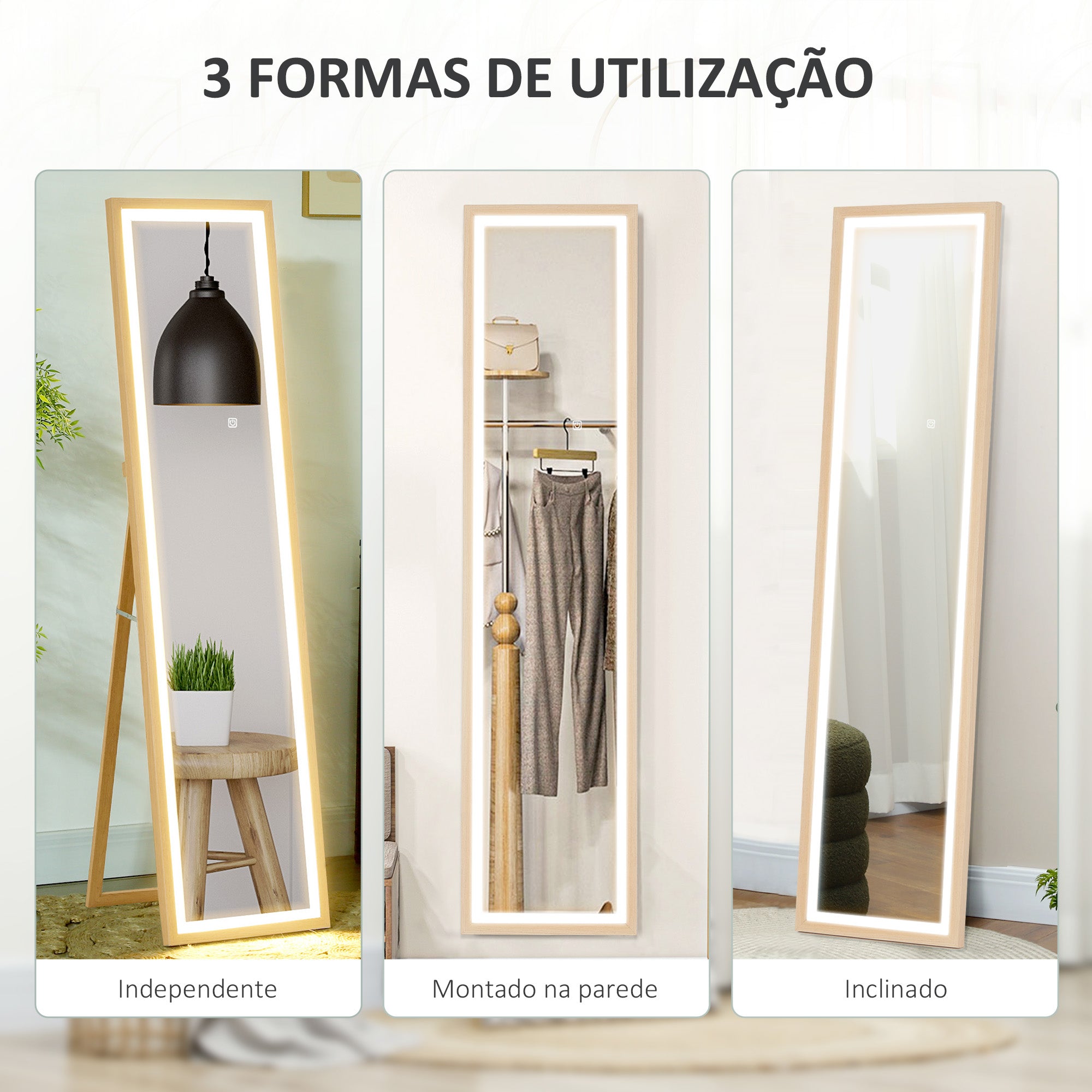 Espelho de Pé com Luz LED 40x160 cm - Cor Madeira Natural