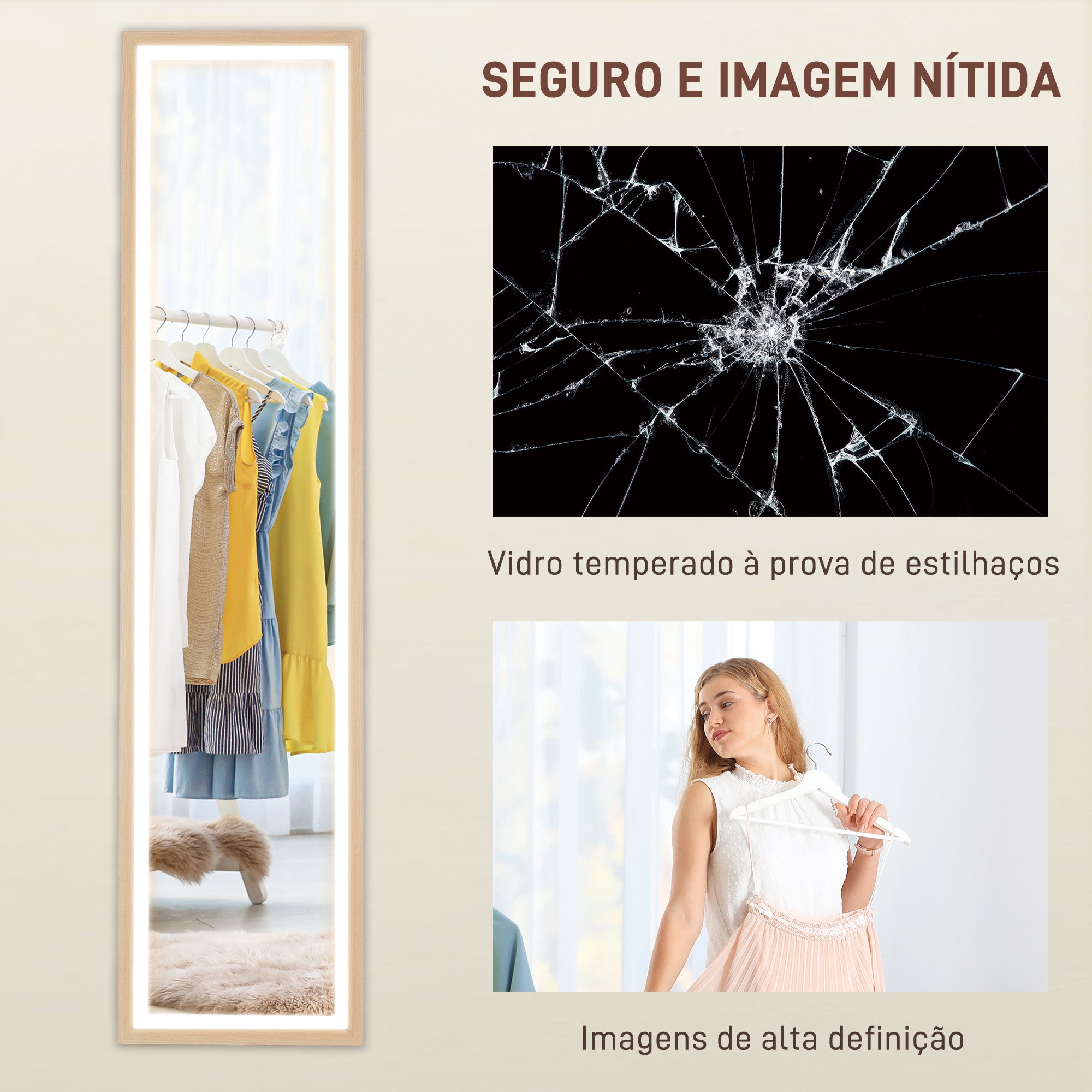 Espelho de Pé com Luz LED 40x160 cm - Cor Madeira Natural