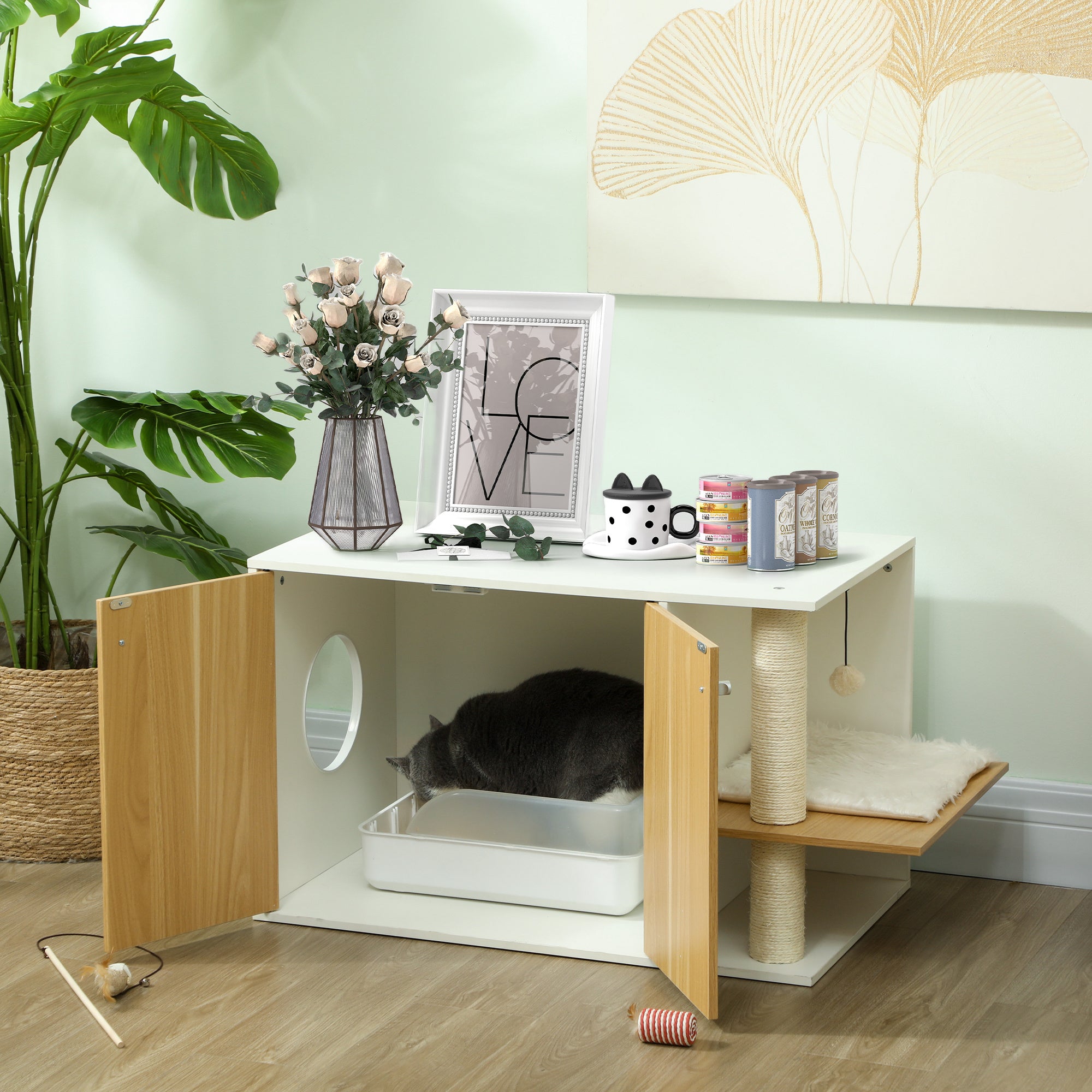 Móvel Caixa de Areia para Gatos 94x48x50,5 cm - Branco e Madeira