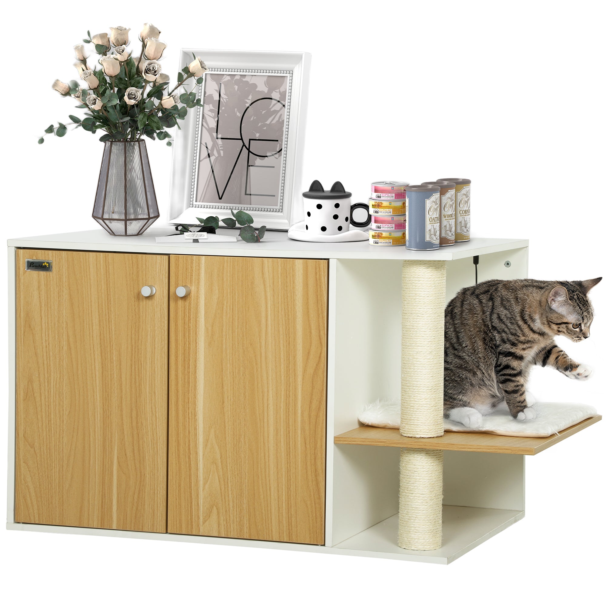 Móvel Caixa de Areia para Gatos 94x48x50,5 cm - Branco e Madeira