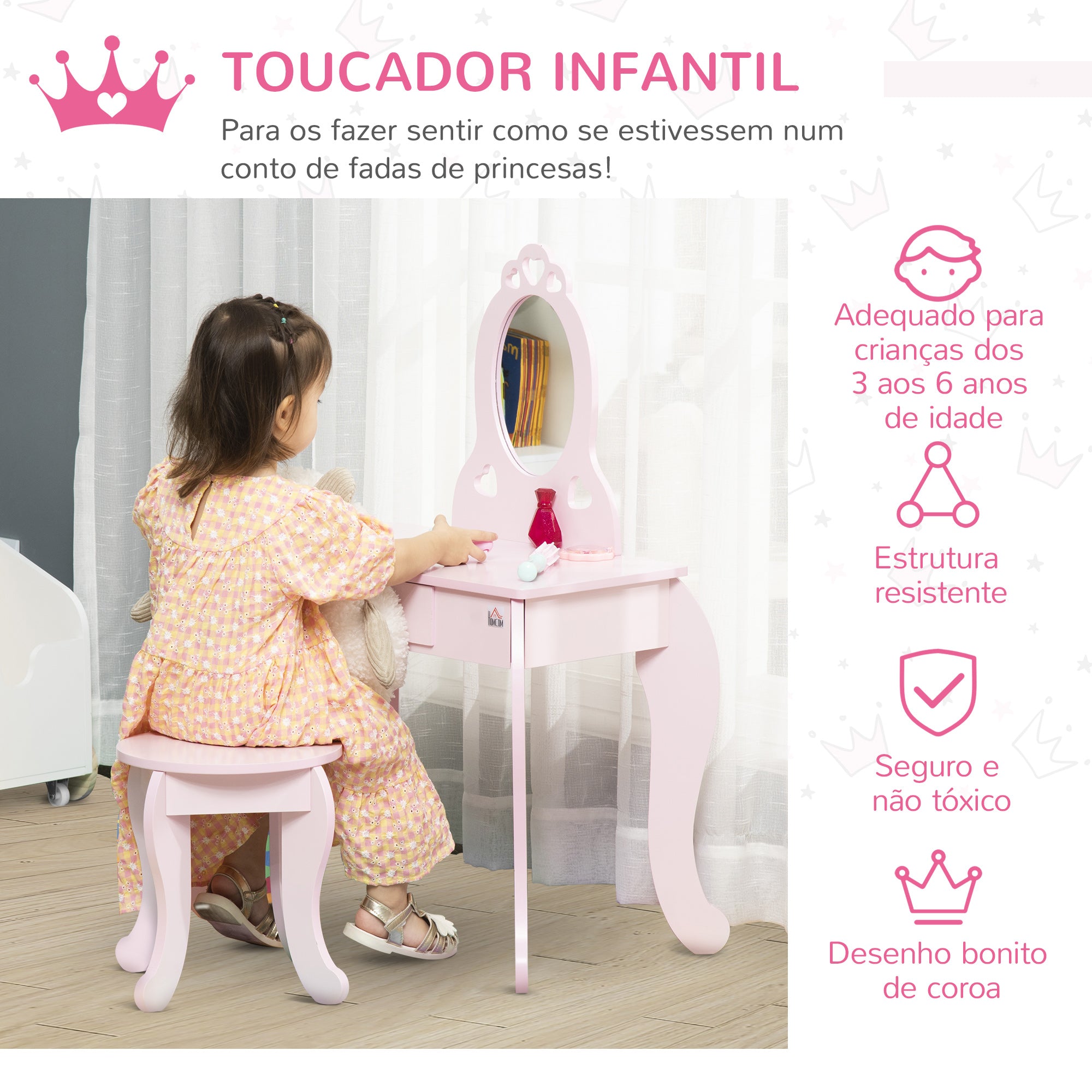 Toucador Infantil de Madeira 60x36x88cm - Cor Rosa
