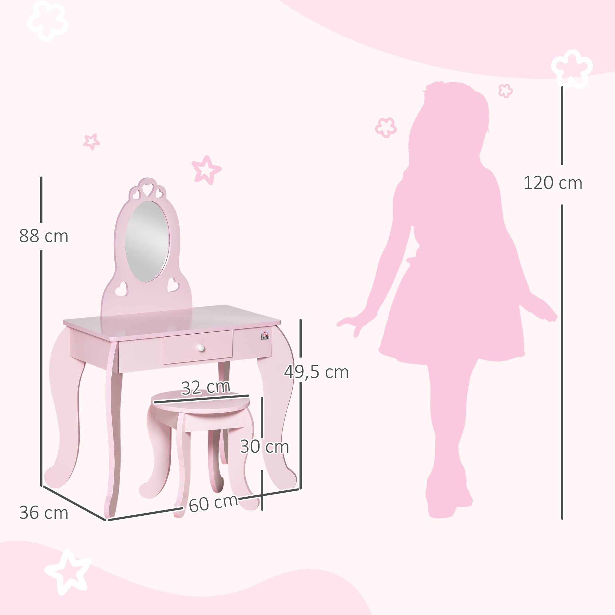 Toucador Infantil de Madeira 60x36x88cm - Cor Rosa