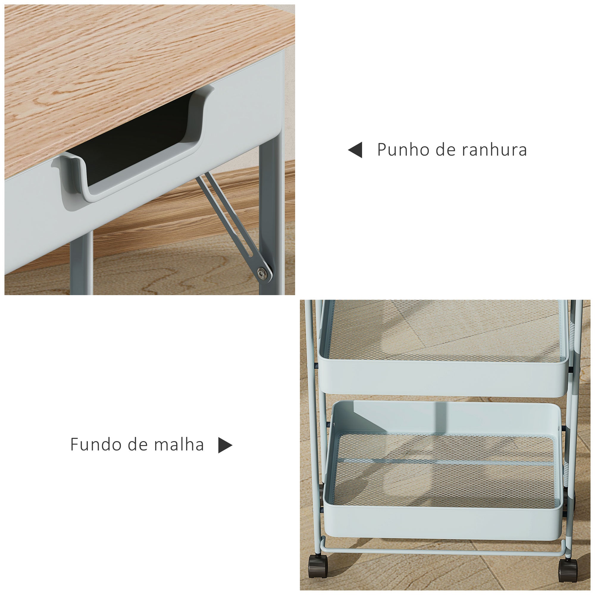 Carrinho Auxiliar Verde 45x29,5x117,5 cm com 1 Gaveta e 3 Cestos