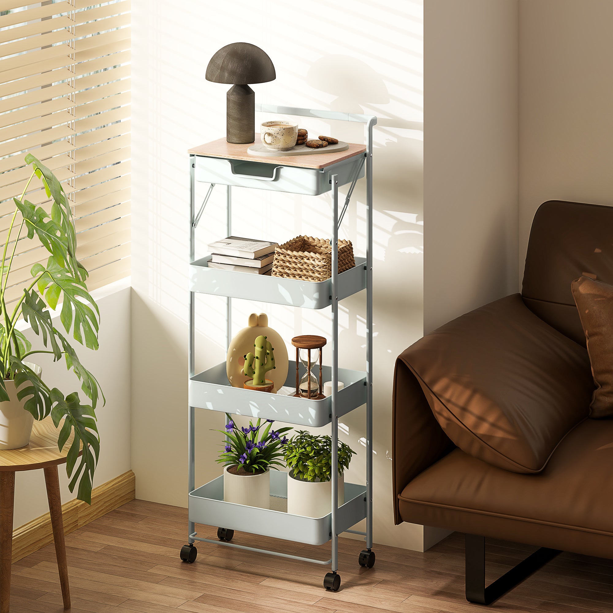 Carrinho Auxiliar Verde 45x29,5x117,5 cm com 1 Gaveta e 3 Cestos