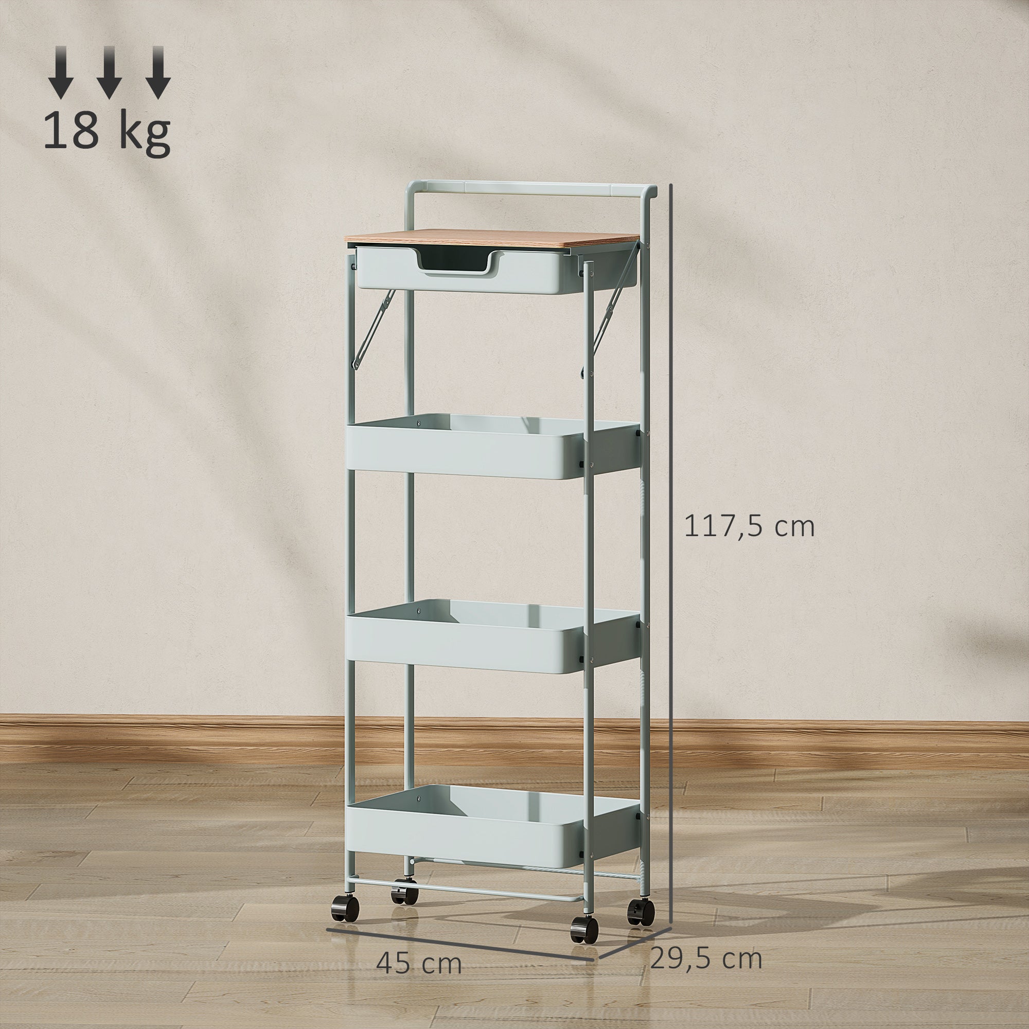 Carrinho Auxiliar Verde 45x29,5x117,5 cm com 1 Gaveta e 3 Cestos