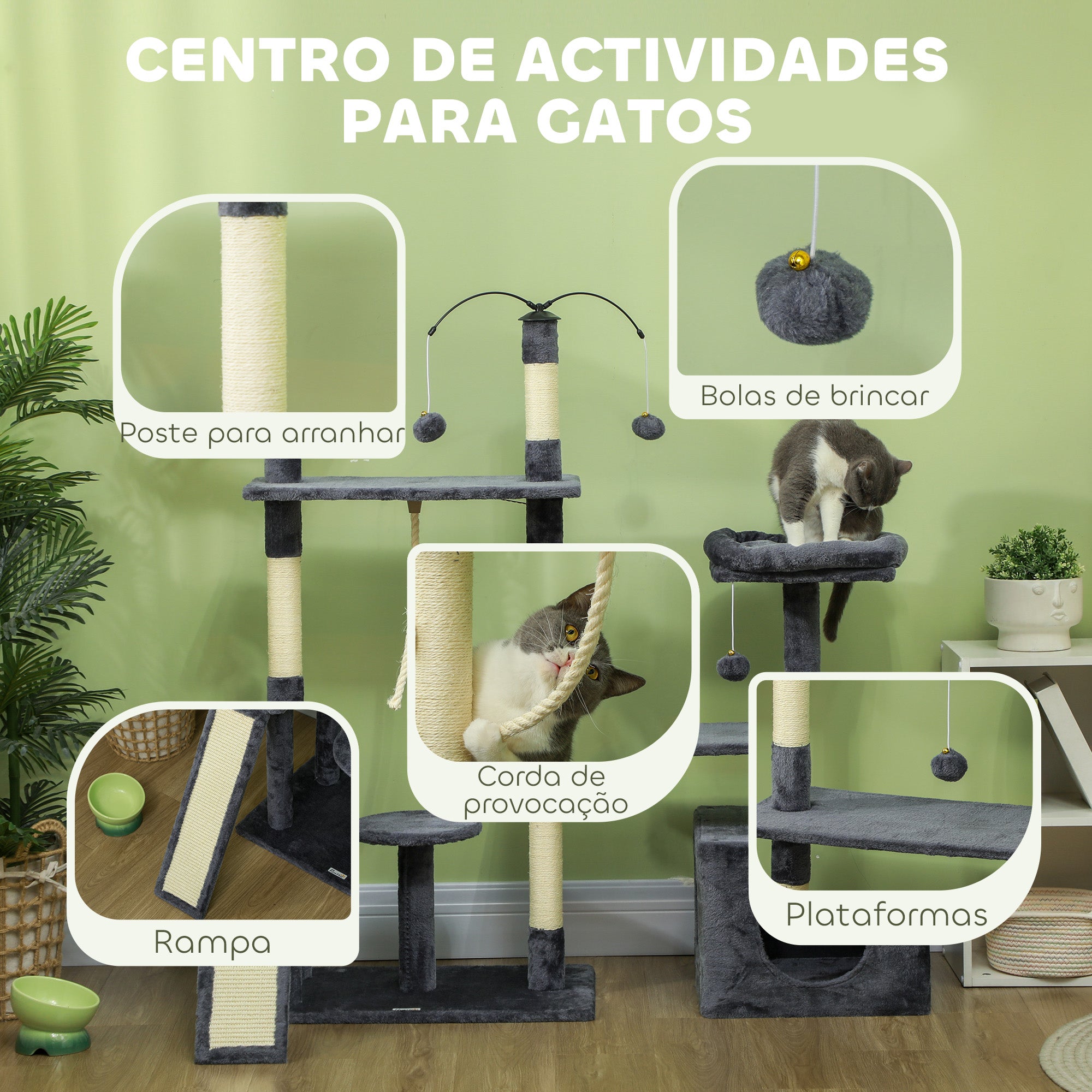 Arranhador para Gatos Cinzento 124,5x40x134 cm - Centro de Atividades Completo