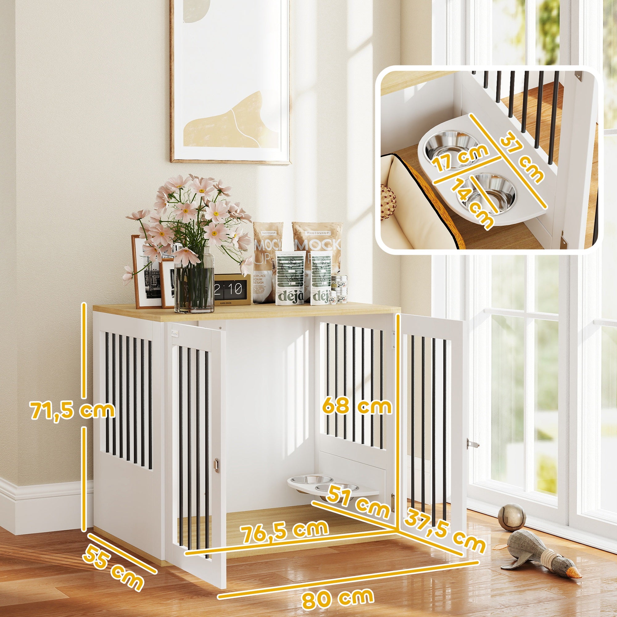 Mesa Auxiliar 2 em 1 para Cães Médios – 80x55x71,5 cm – Branco e Madeira