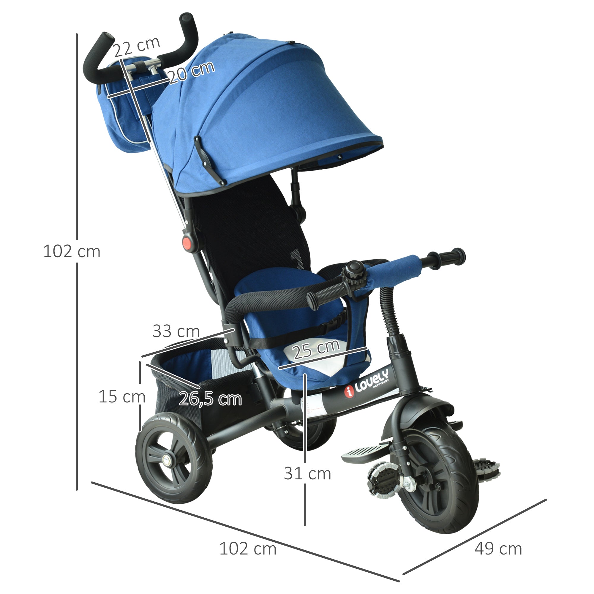 Triciclo Infantil Multifuncional 3 em 1 Azul 102x49x102 cm