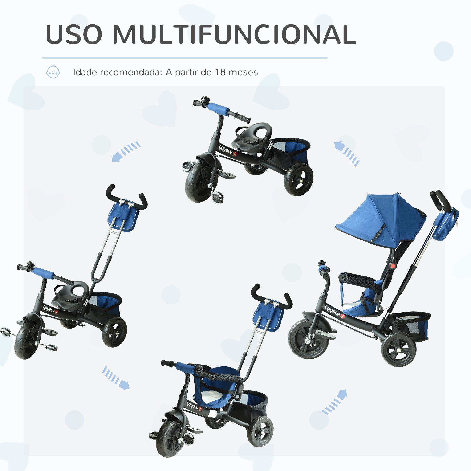 Triciclo Infantil Multifuncional 3 em 1 Azul 102x49x102 cm