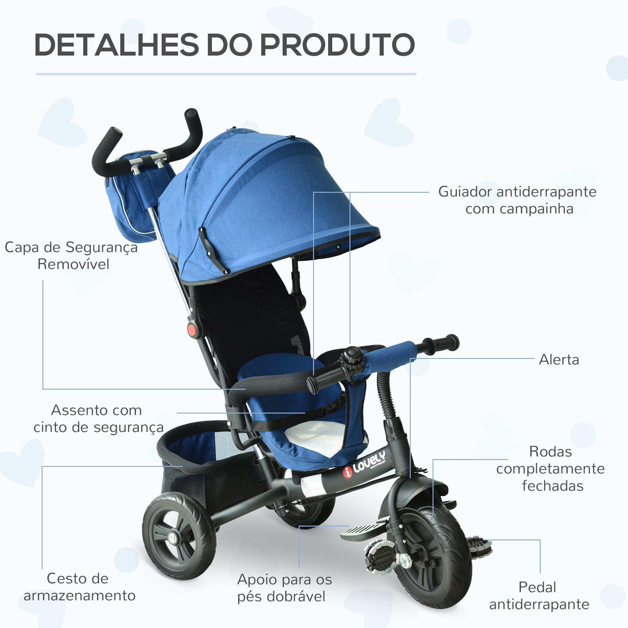 Triciclo Infantil Multifuncional 3 em 1 Azul 102x49x102 cm