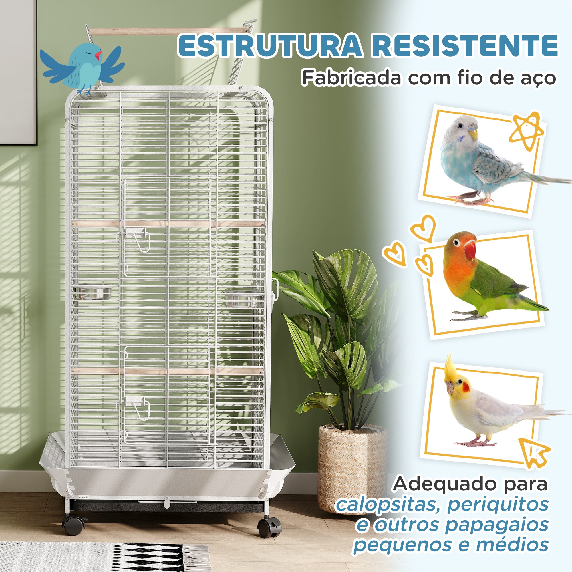 Gaiola para Pássaros com Rodas e Poleiros 79x73x146 cm - Cinza Claro