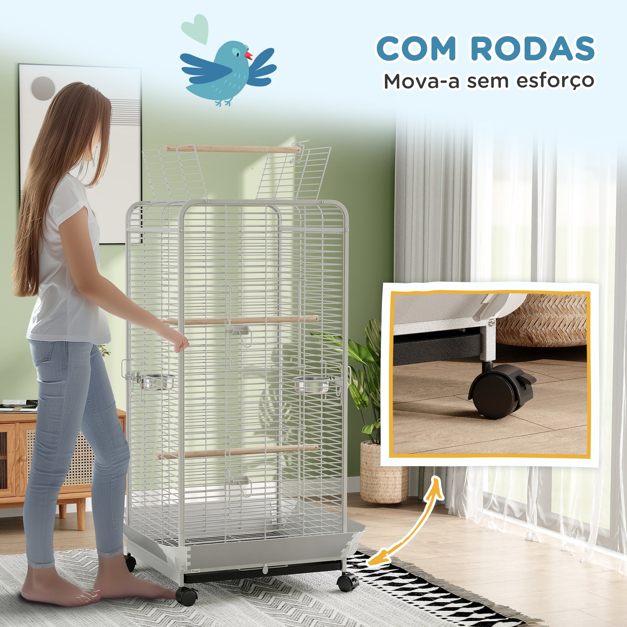 Gaiola para Pássaros com Rodas e Poleiros 79x73x146 cm - Cinza Claro