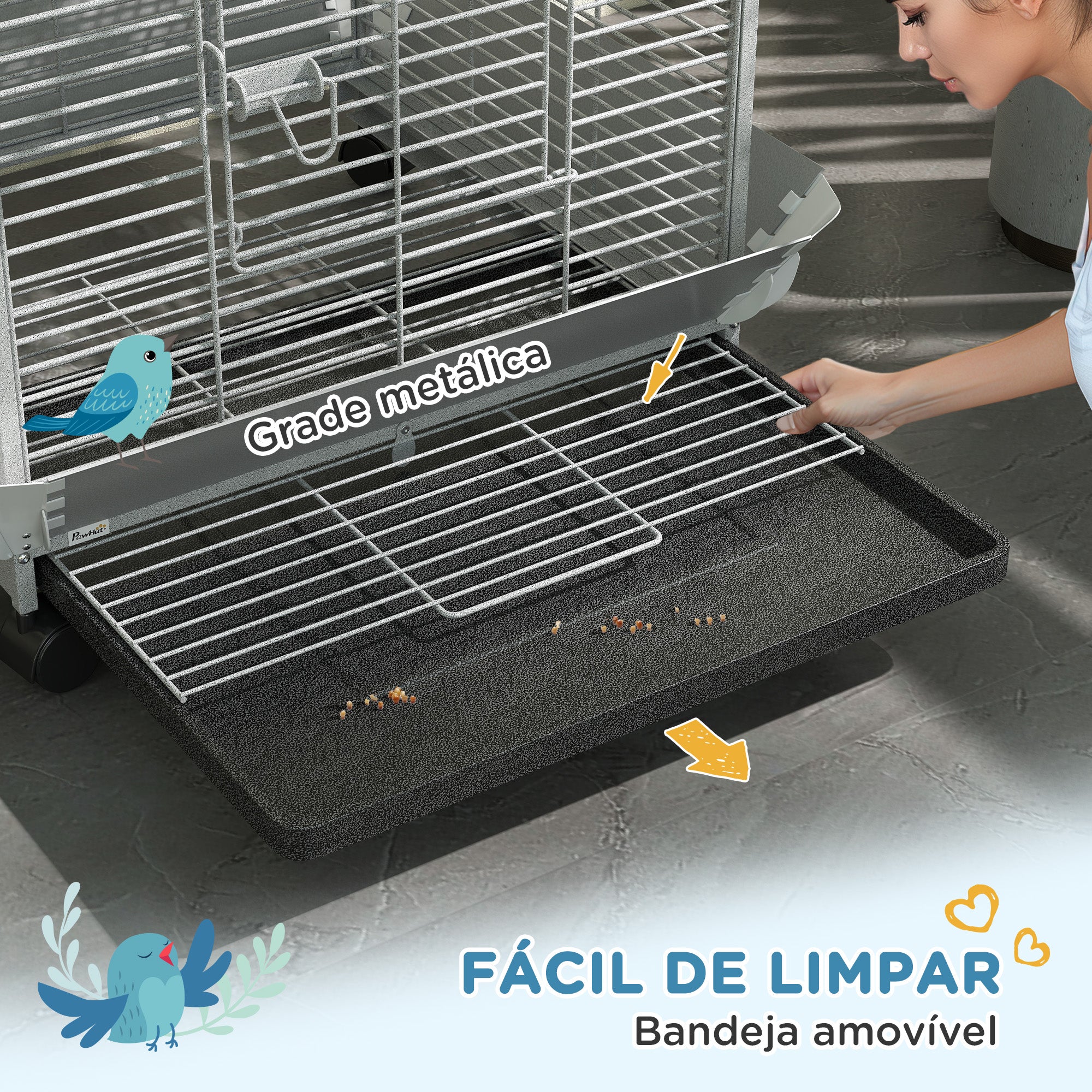 Gaiola para Pássaros com Rodas e Poleiros 79x73x146 cm - Cinza Claro