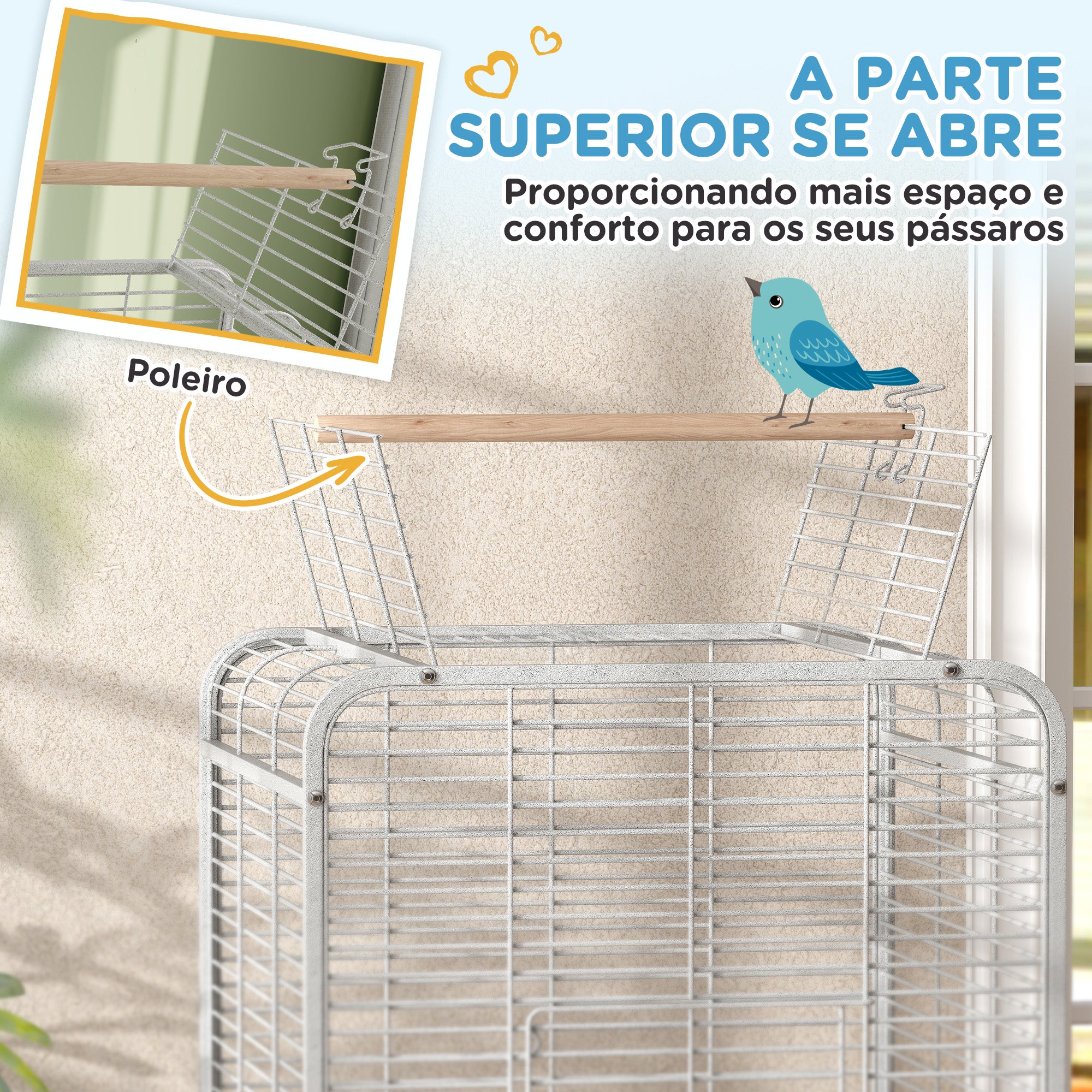 Gaiola para Pássaros com Rodas e Poleiros 79x73x146 cm - Cinza Claro